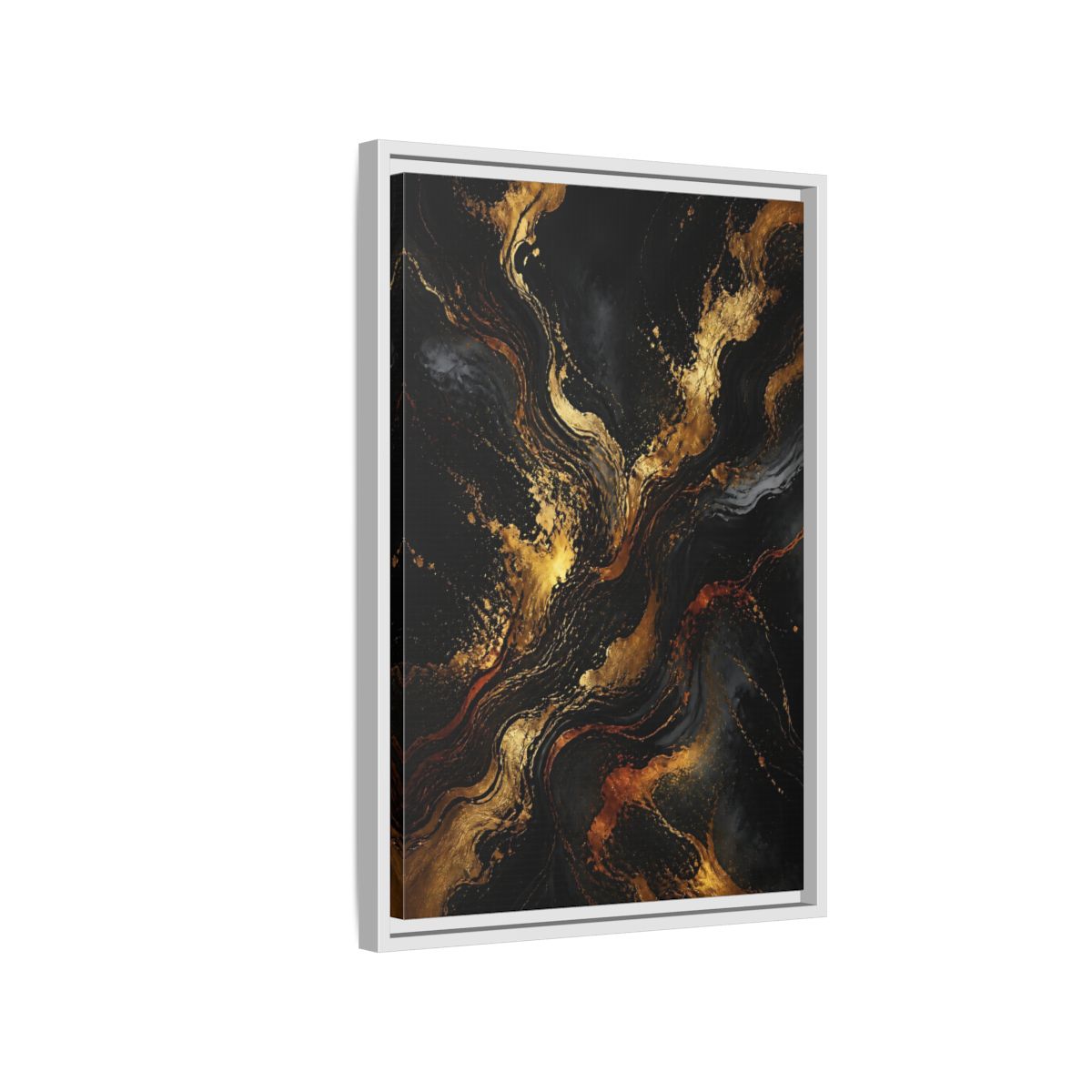 Side Mockup 1. Abstract Gold Marble Black And Gold shown as stretched canvas wall art