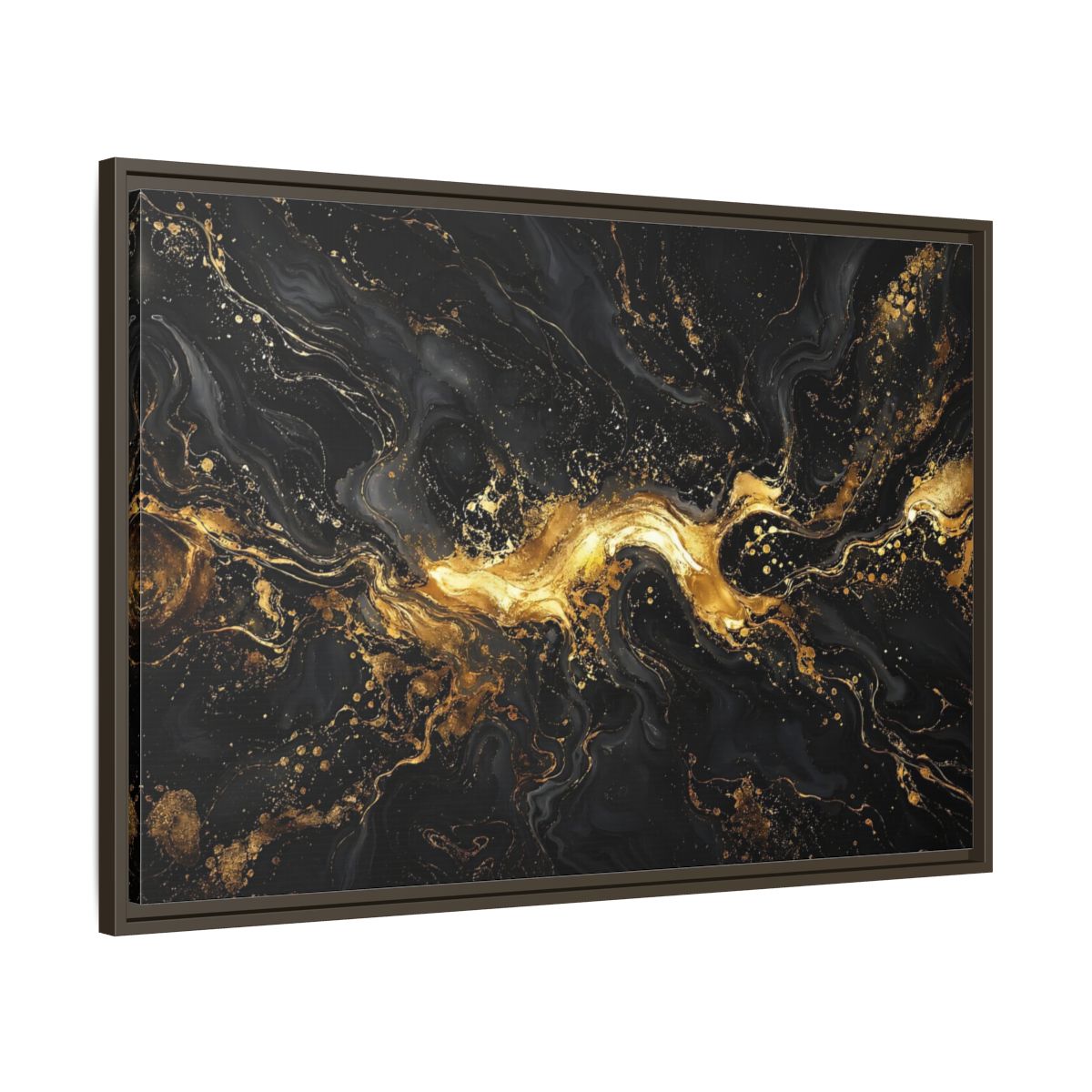 Main Mockup. Abstract Gold Marble Black And Gold shown as stretched canvas wall art