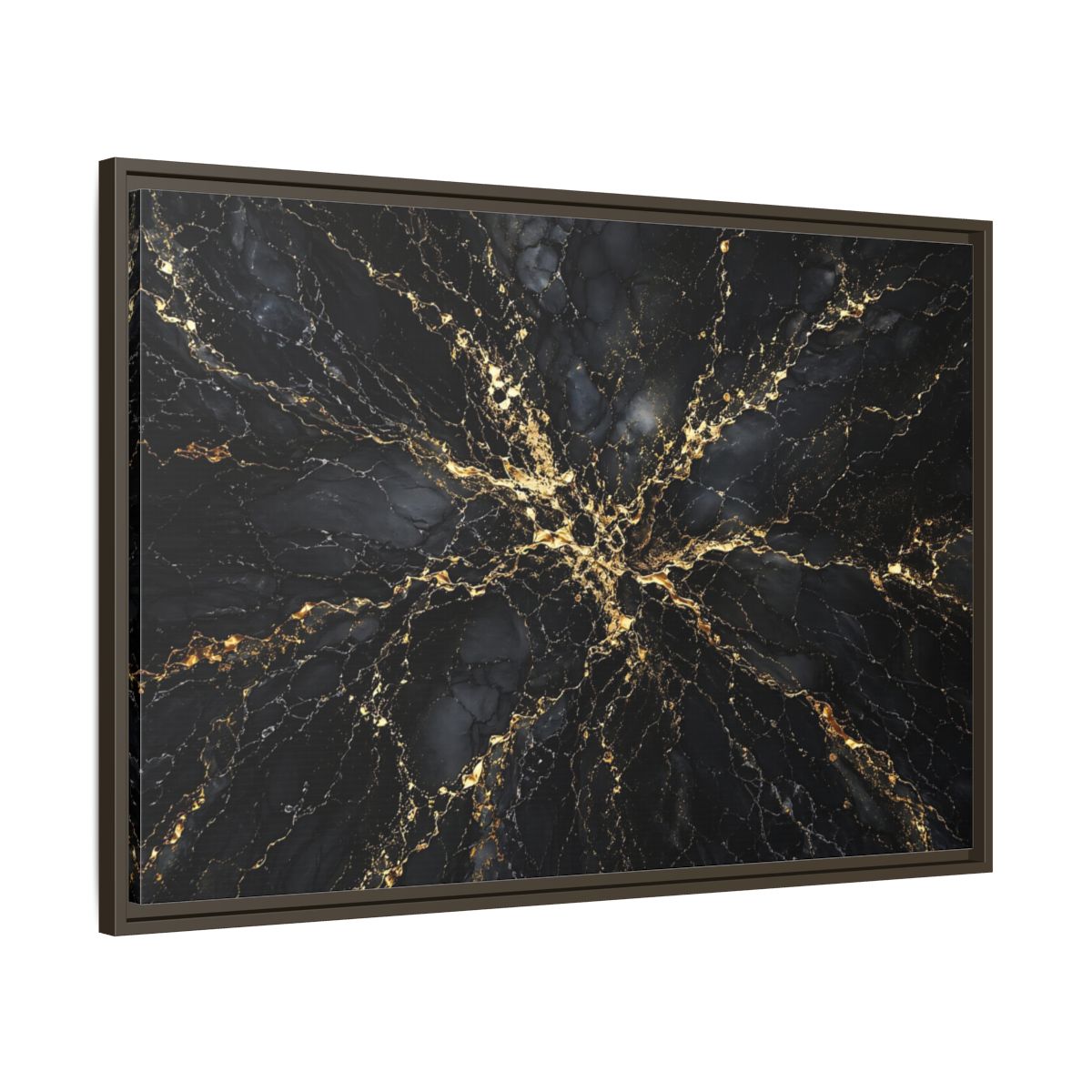 Main Mockup. Abstract Gold Marble Black And Gold shown as stretched canvas wall art
