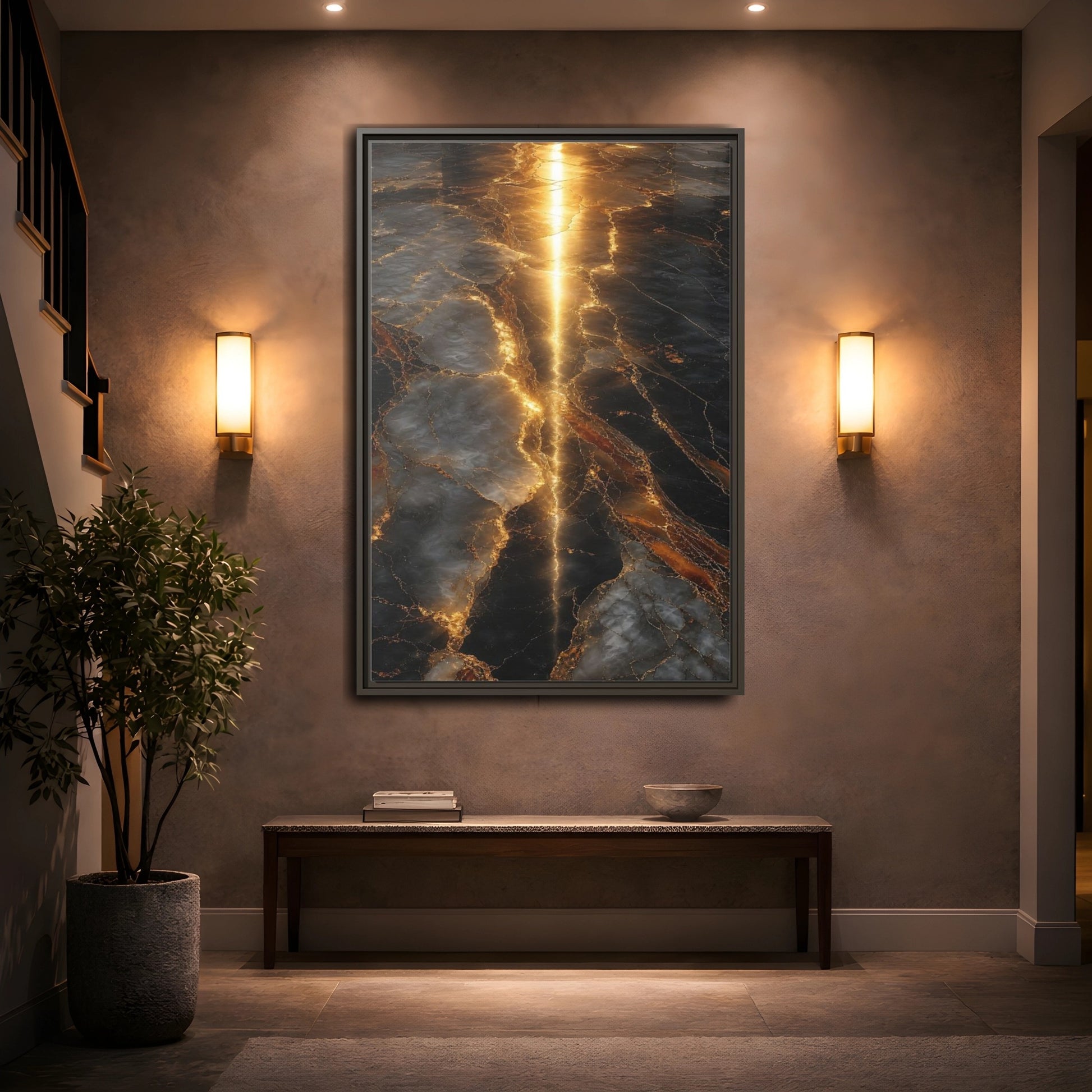Abstract Gold Marble Black and Framed Canvas Wall Art - Living Room Decor Above Console Table shown as canvas wall art