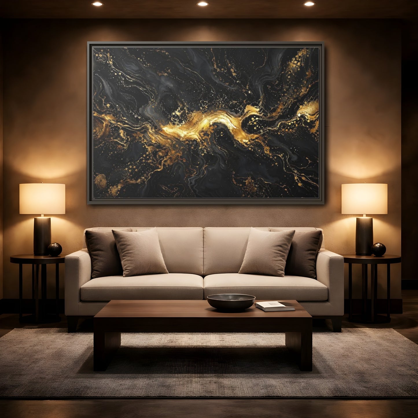 Mockup 2. Abstract Gold Marble Black And Gold shown as stretched canvas wall art