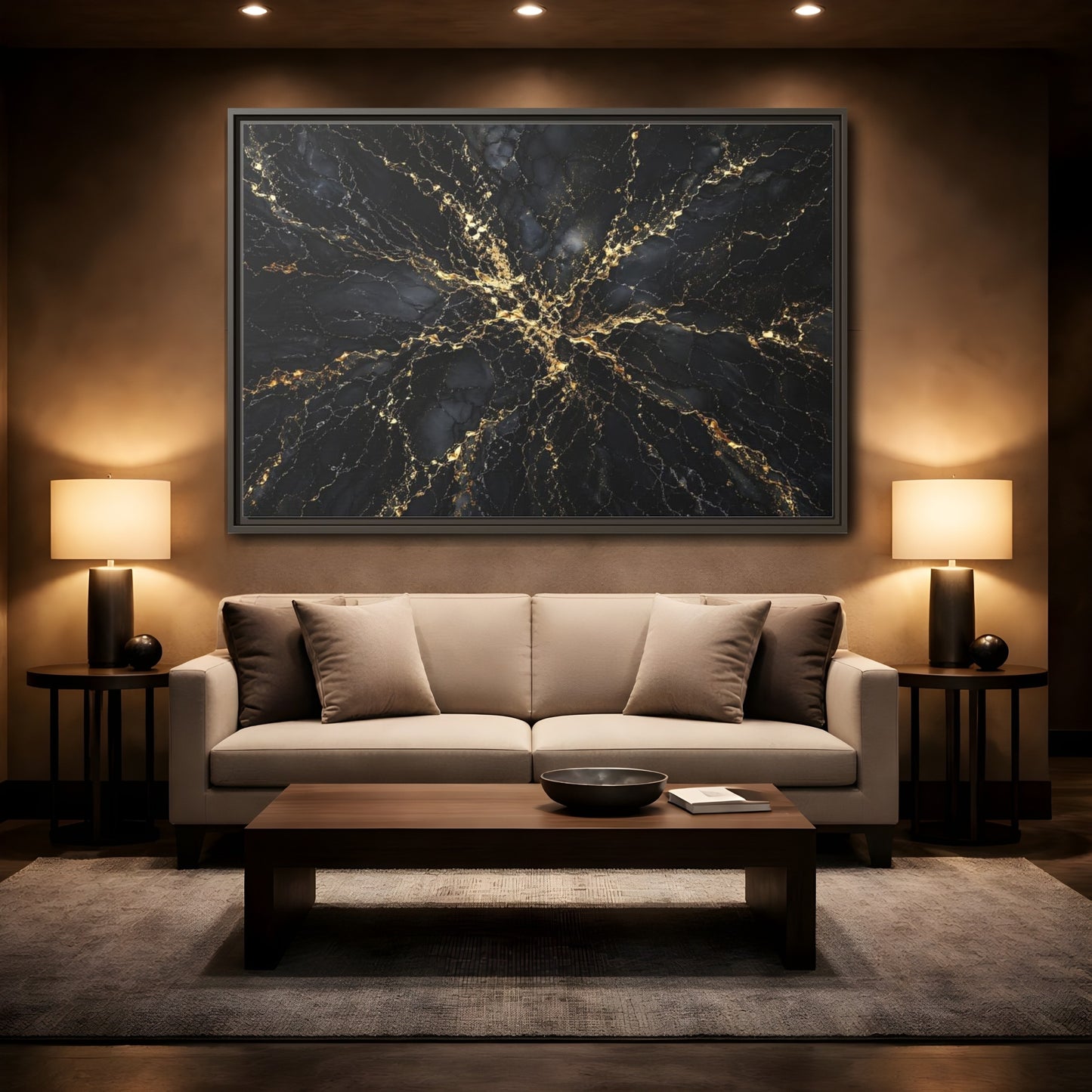 Mockup 2. Abstract Gold Marble Black And Gold shown as stretched canvas wall art