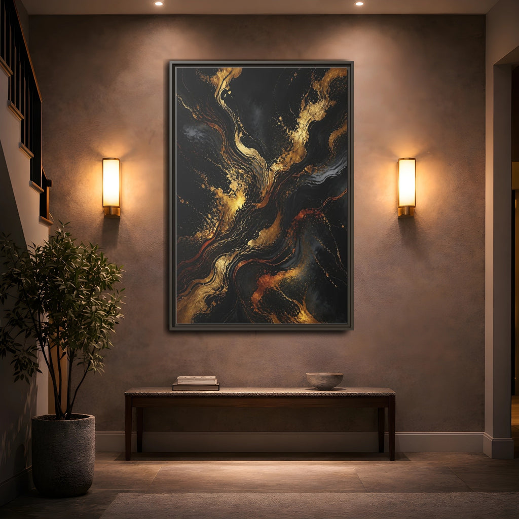 Mockup 2. Abstract Gold Marble Black And Gold shown as stretched canvas wall art