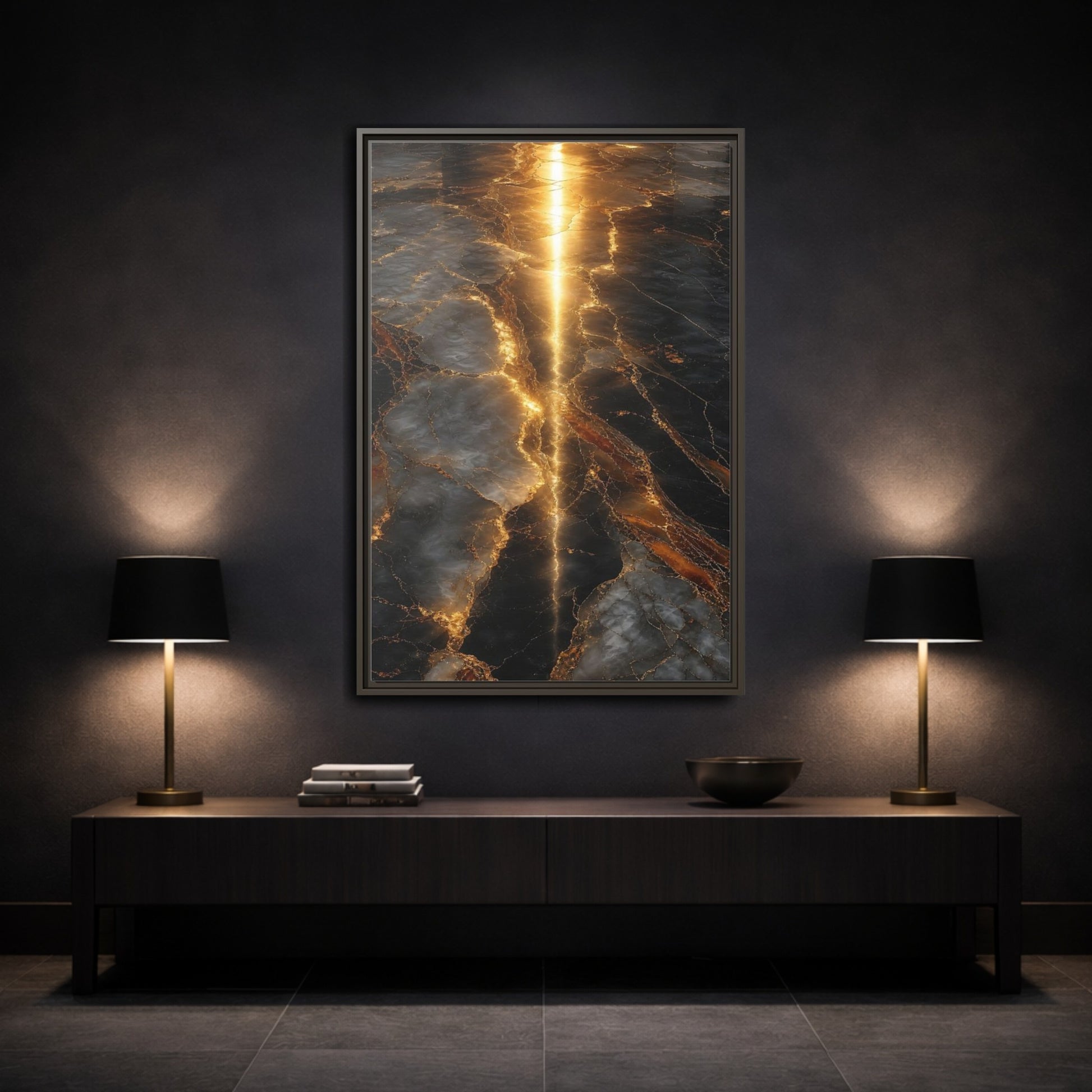 Abstract Gold Marble Black and Framed Canvas Wall Art - Living Room Decor Above Console Table shown as canvas wall art