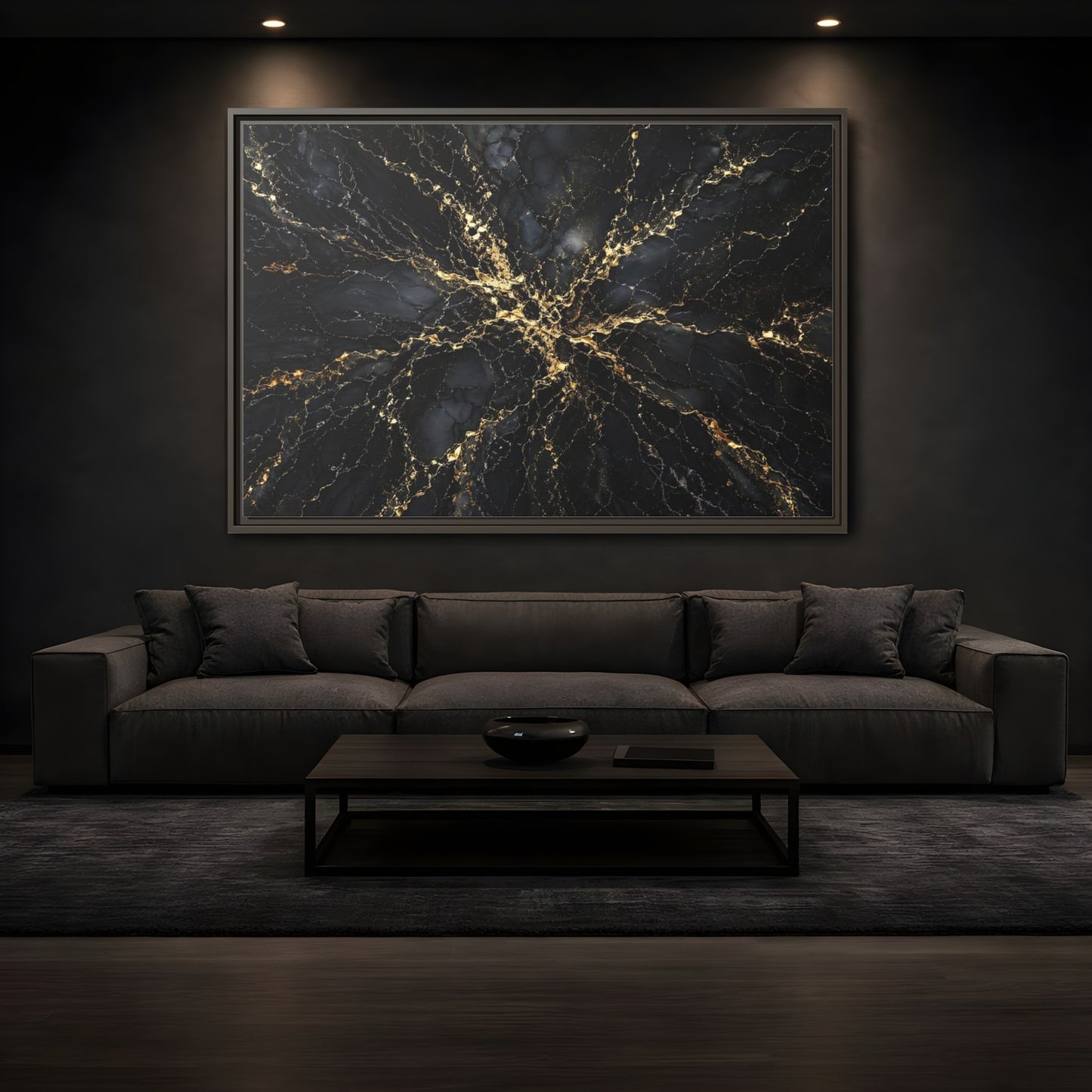 Mockup 3. Abstract Gold Marble Black And Gold shown as stretched canvas wall art