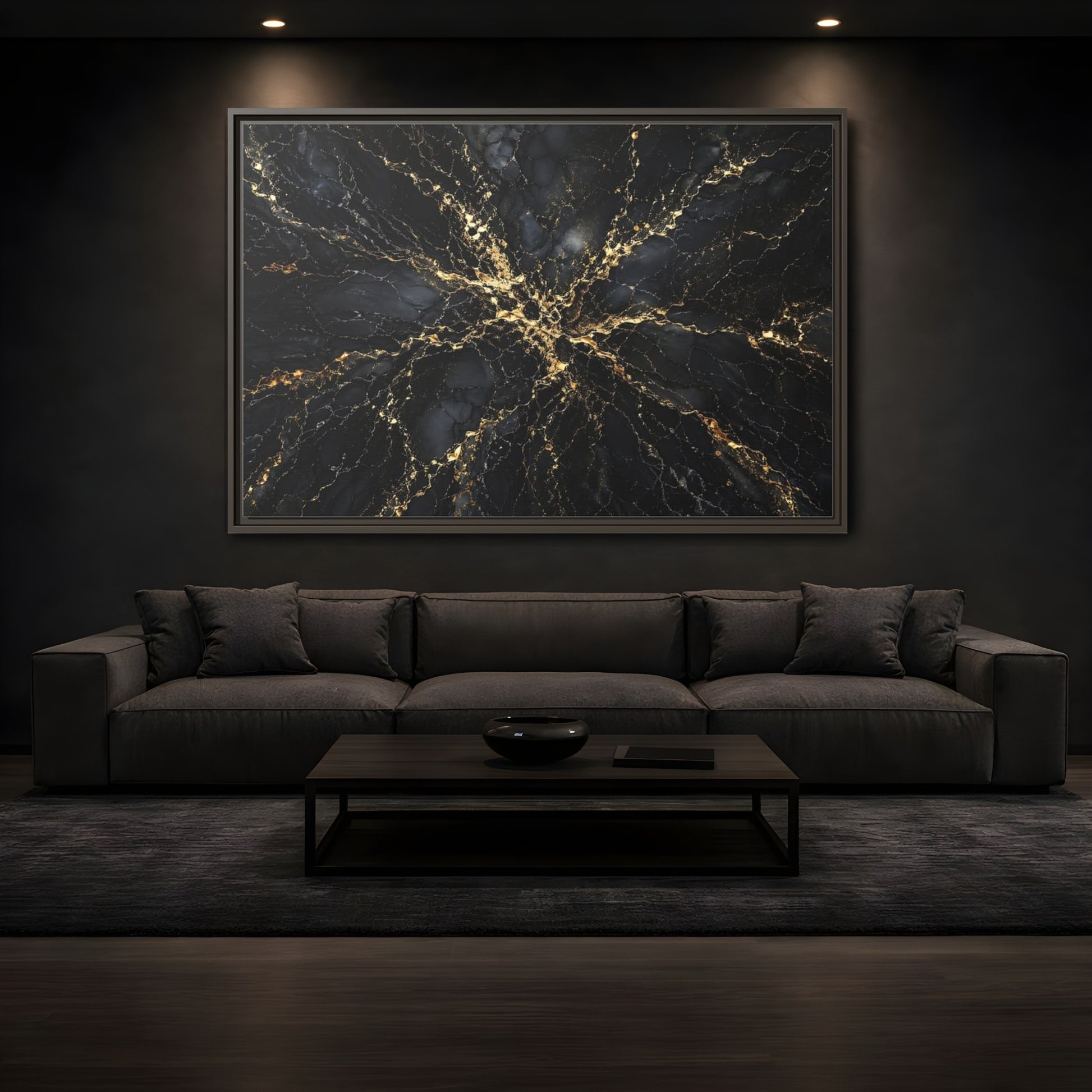 Mockup 3. Abstract Gold Marble Black And Gold shown as stretched canvas wall art