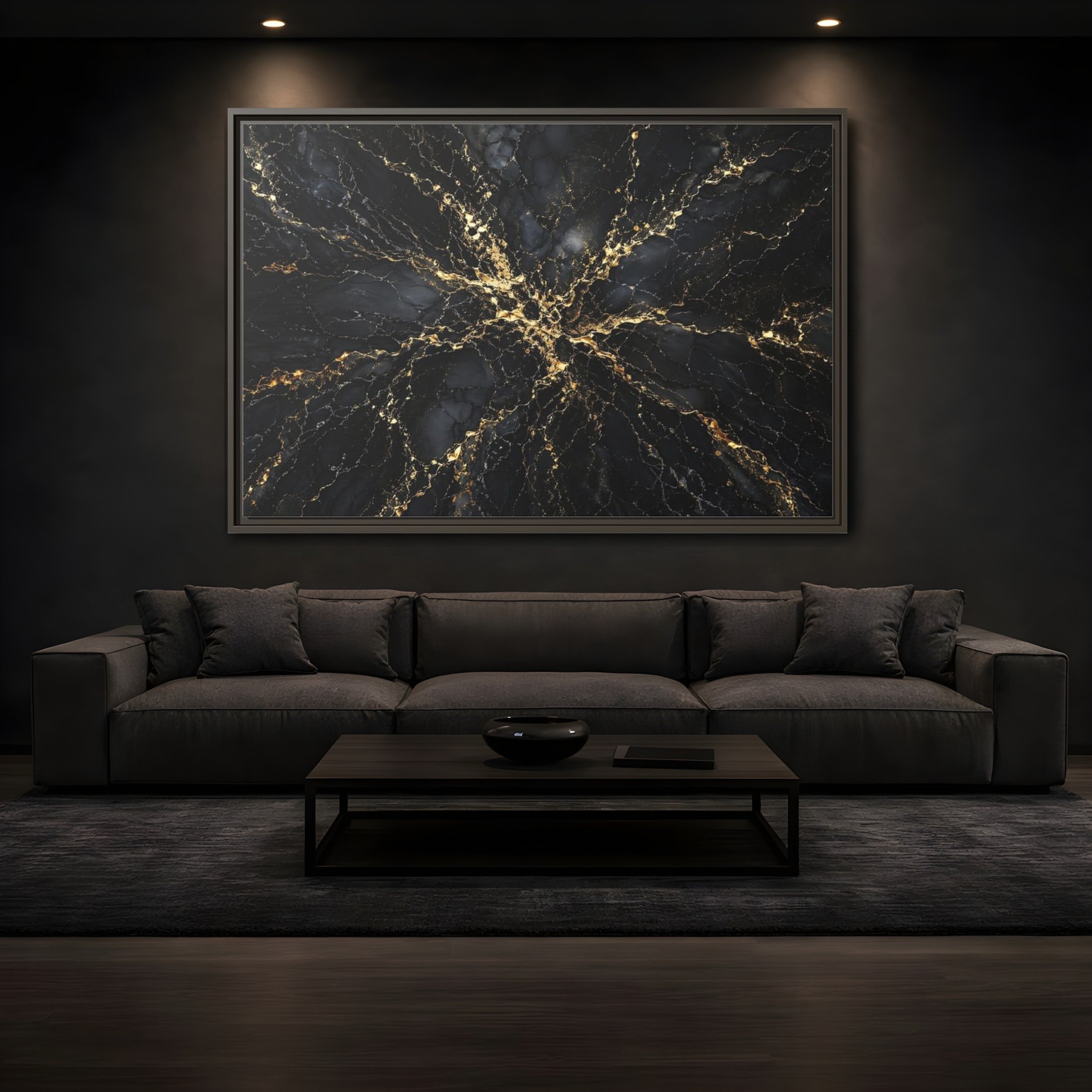 Mockup 3. Abstract Gold Marble Black And Gold shown as stretched canvas wall art
