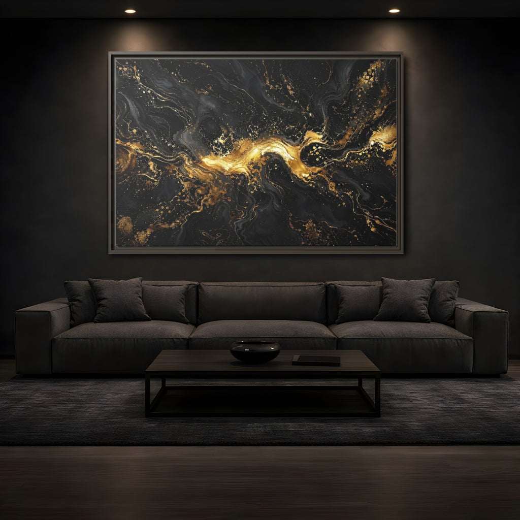 Mockup 3. Abstract Gold Marble Black And Gold shown as stretched canvas wall art