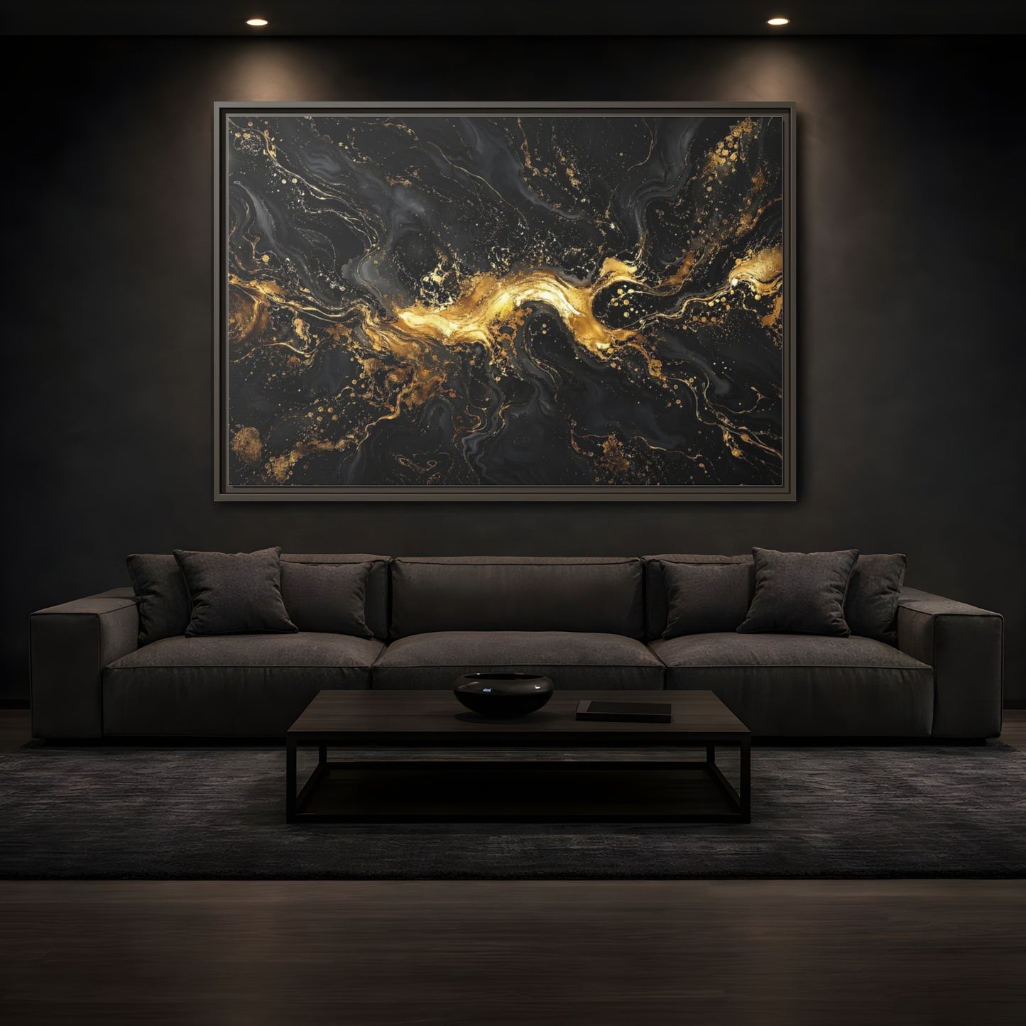Mockup 3. Abstract Gold Marble Black And Gold shown as stretched canvas wall art