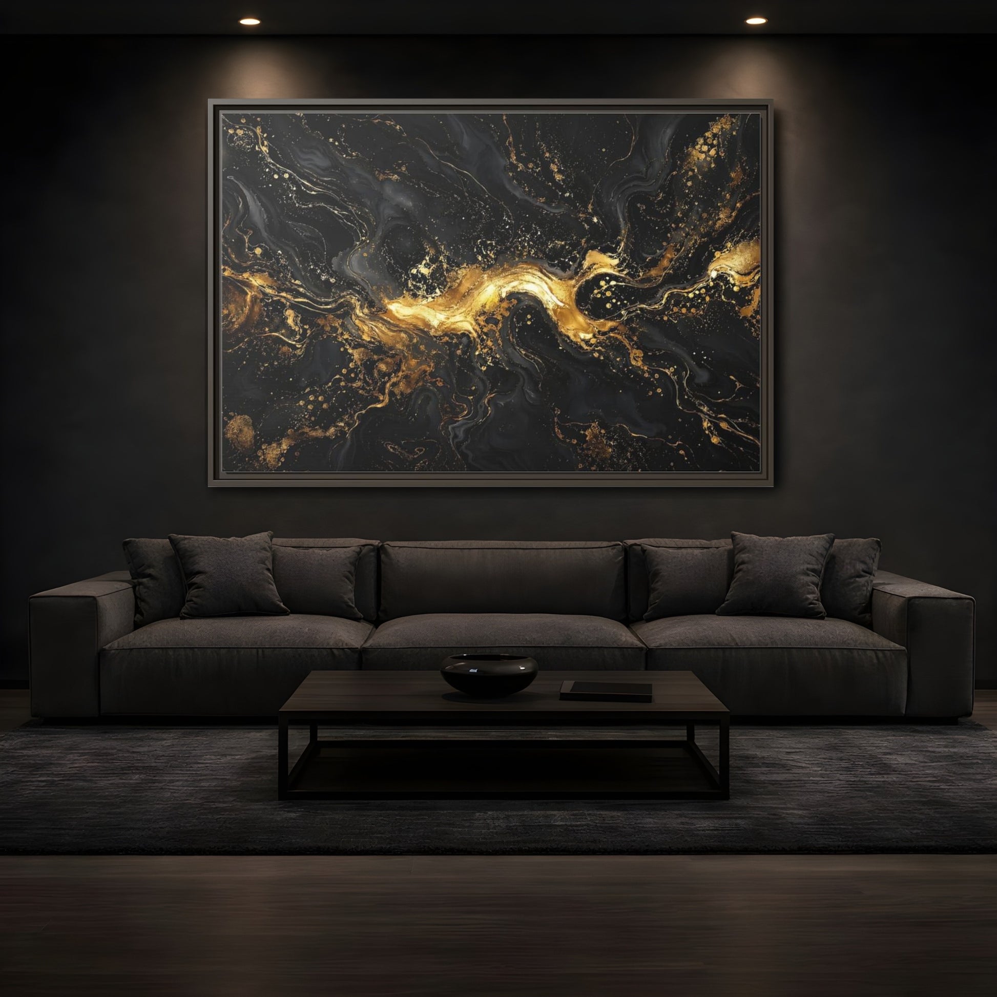 Mockup 3. Abstract Gold Marble Black And Gold shown as stretched canvas wall art