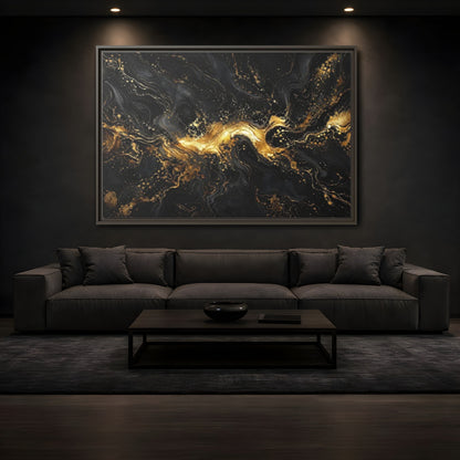 Mockup 3. Abstract Gold Marble Black And Gold shown as stretched canvas wall art