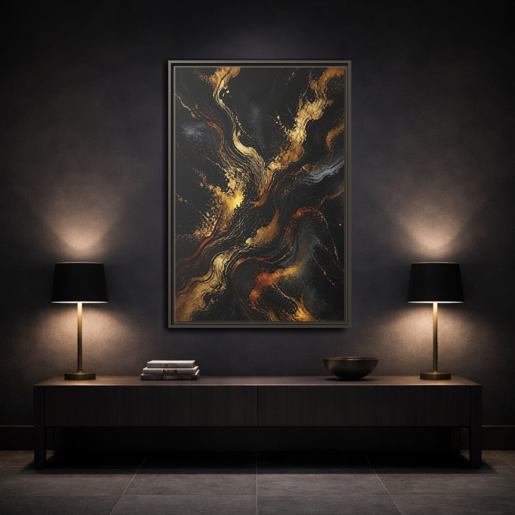 Mockup 3. Abstract Gold Marble Black And Gold shown as stretched canvas wall art