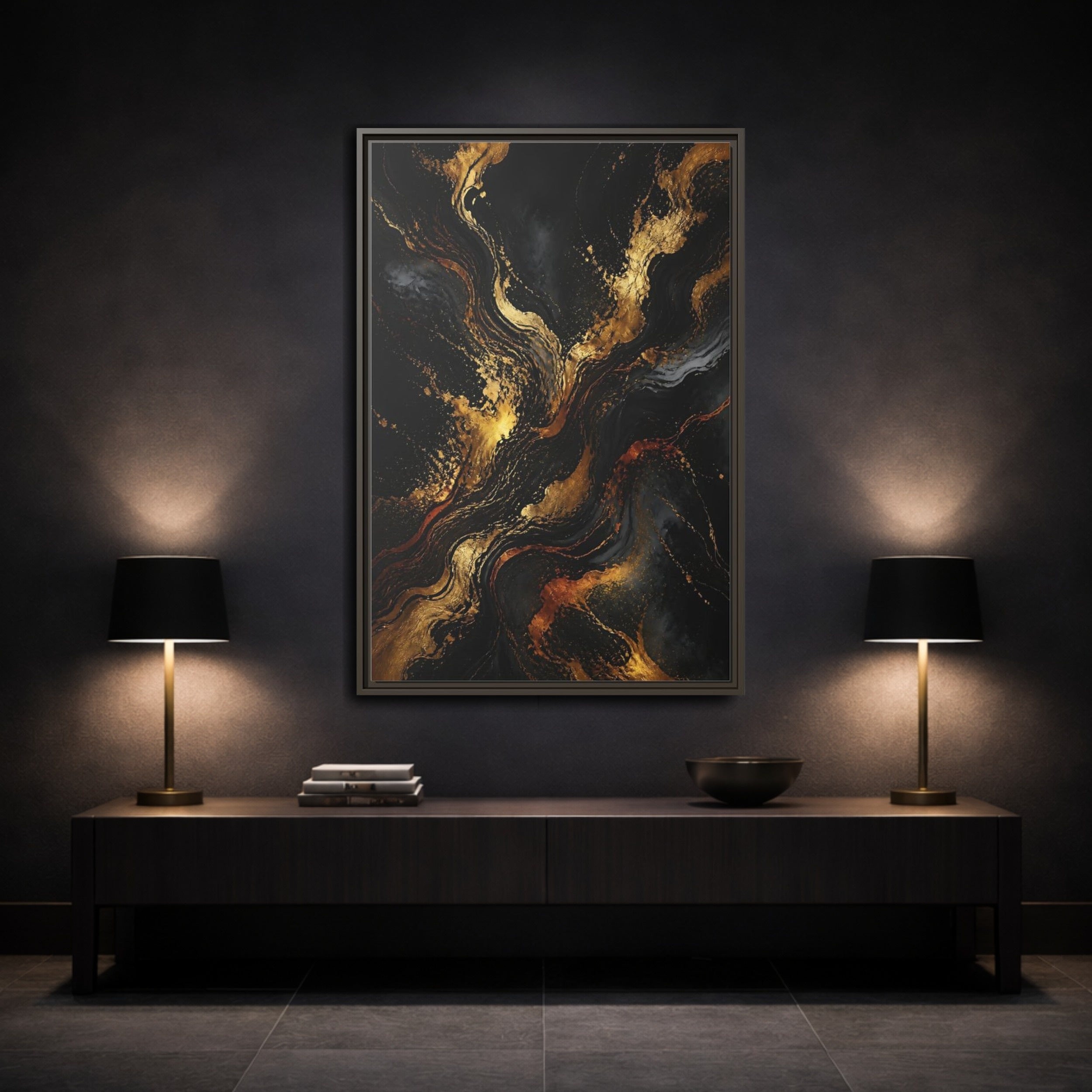 Mockup 3. Abstract Gold Marble Black And Gold shown as stretched canvas wall art