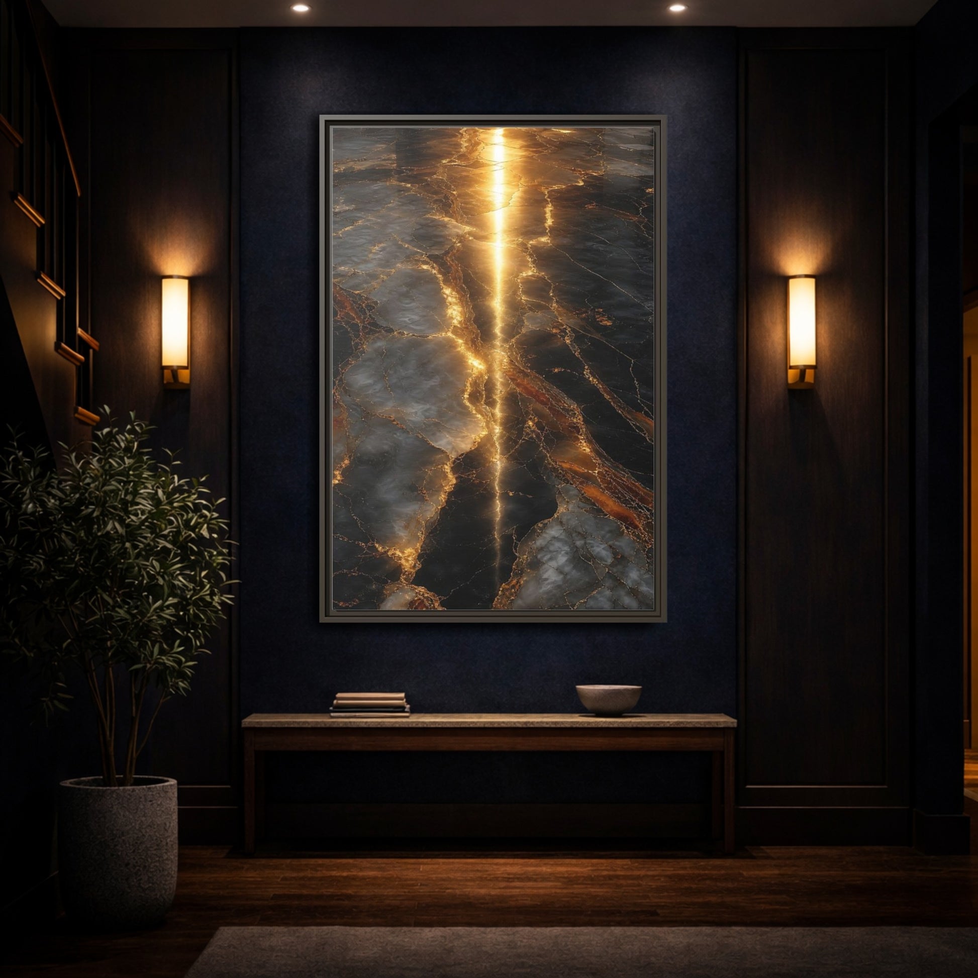 Abstract Gold Marble Black and Framed Canvas Wall Art - Living Room Decor Above Console Table shown as canvas wall art