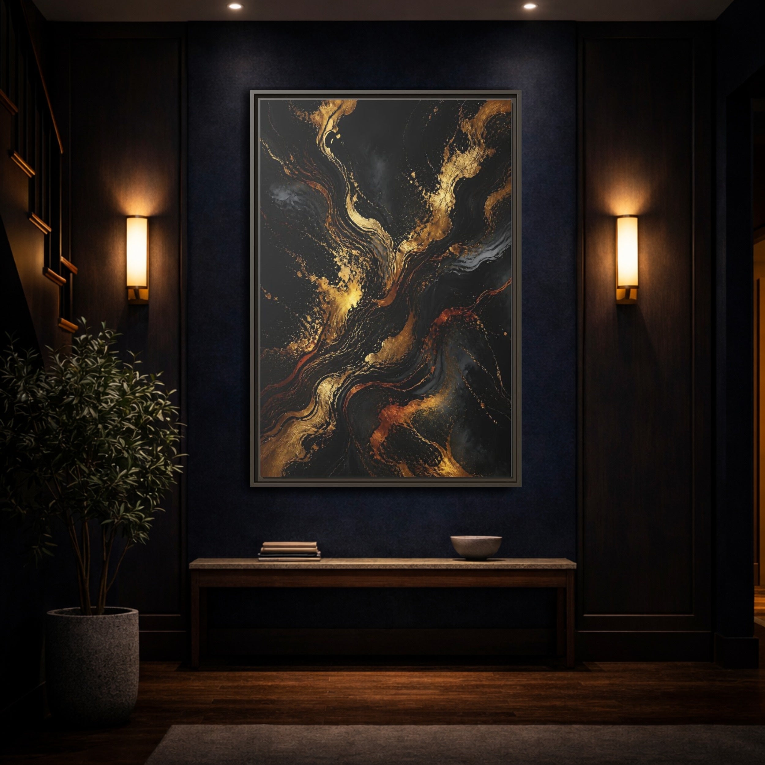 Mockup 4. Abstract Gold Marble Black And Gold shown as stretched canvas wall art
