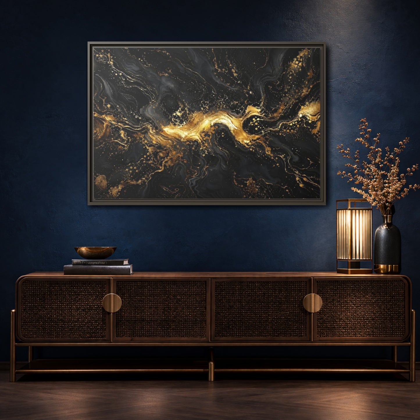 Mockup 4. Abstract Gold Marble Black And Gold shown as stretched canvas wall art