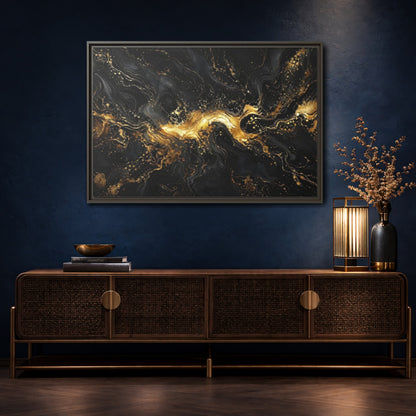 Mockup 4. Abstract Gold Marble Black And Gold shown as stretched canvas wall art