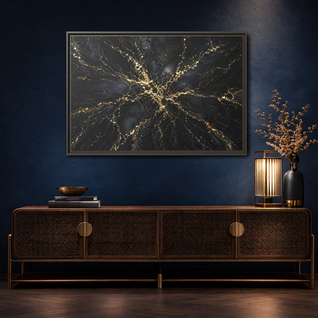 Mockup 4. Abstract Gold Marble Black And Gold shown as stretched canvas wall art