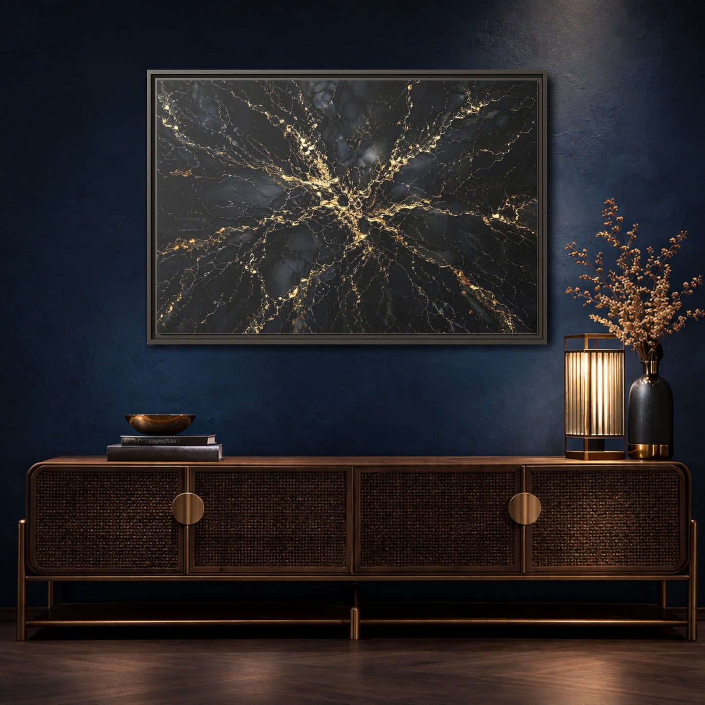 Mockup 4. Abstract Gold Marble Black And Gold shown as stretched canvas wall art