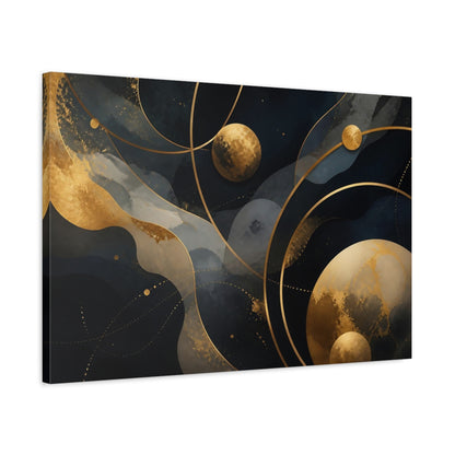 Side Mockup 2. Abstract Gold Planets shown as canvas print