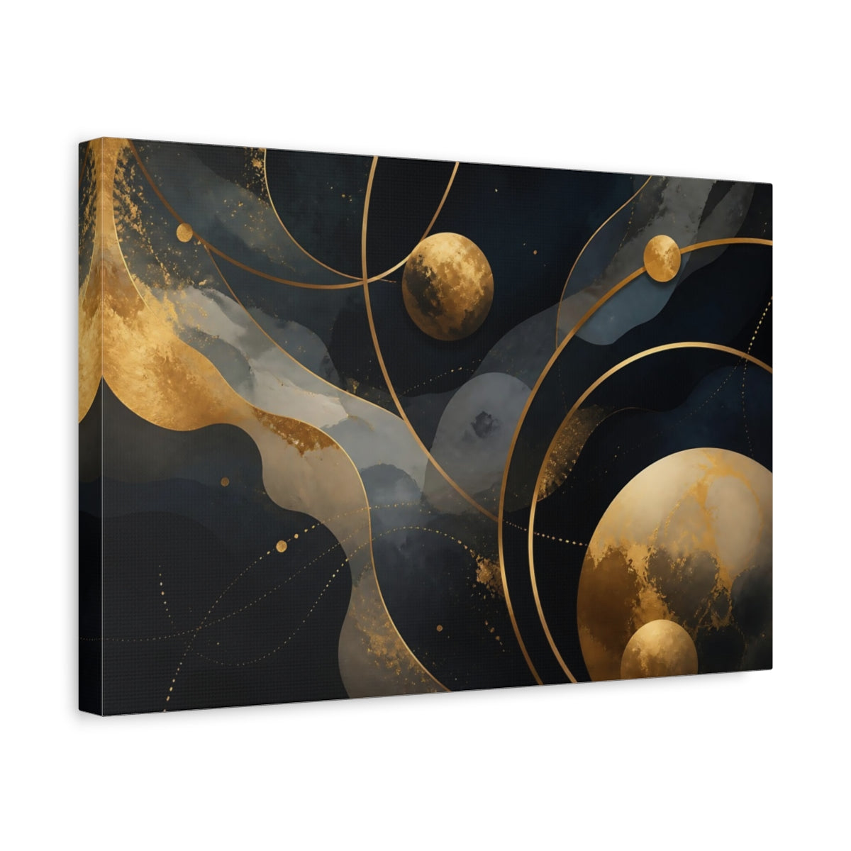 Side Mockup 4. Abstract Gold Planets shown as canvas print