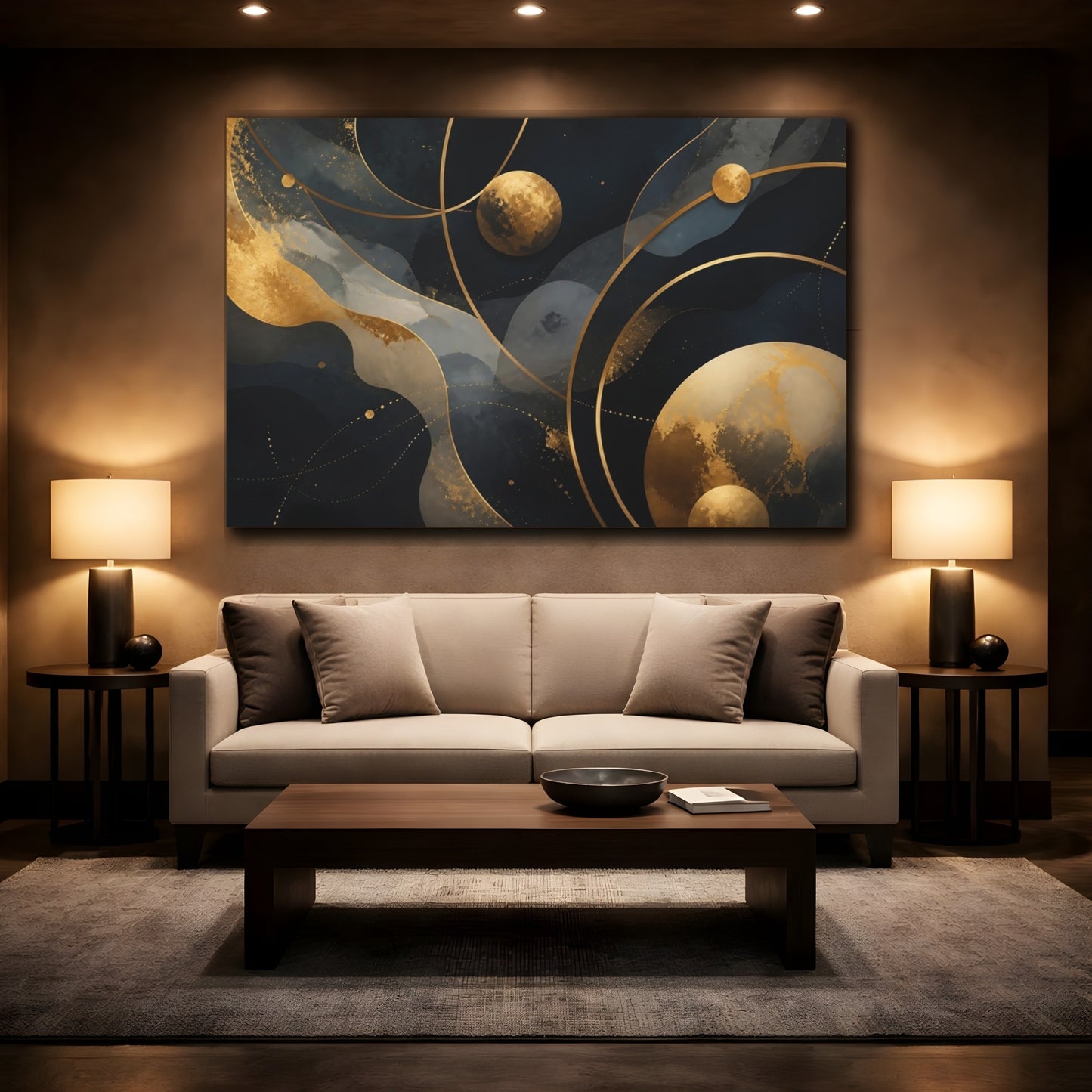 Mockup 2. Abstract Gold Planets shown as canvas print