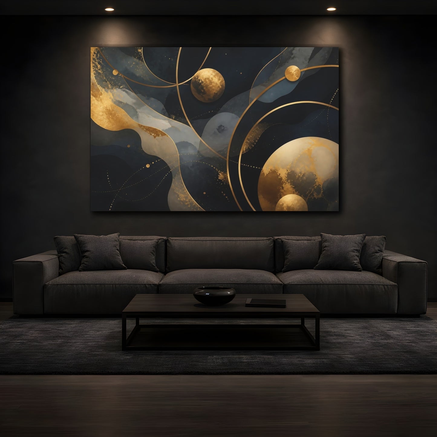 Mockup 3. Abstract Gold Planets shown as canvas print