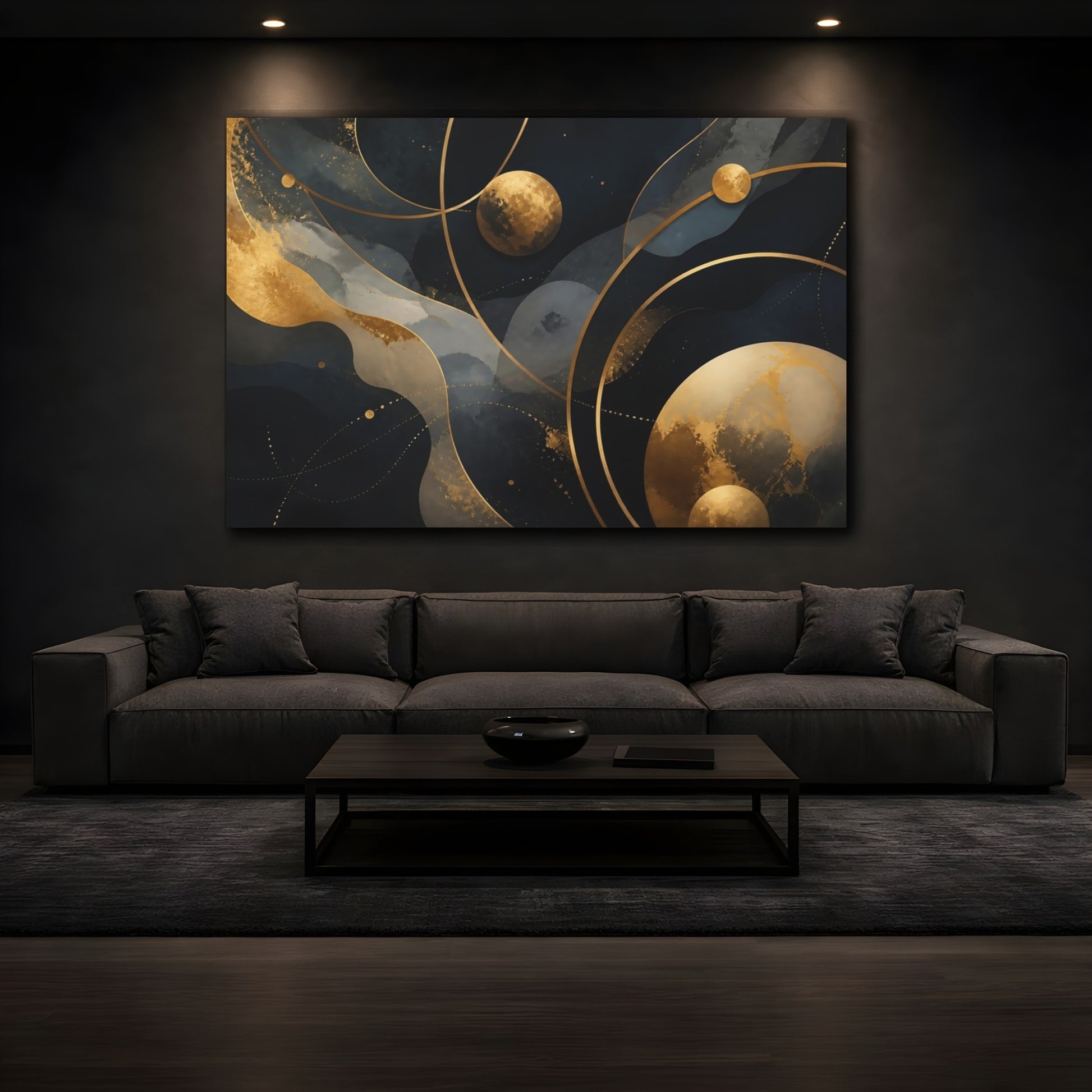 Mockup 3. Abstract Gold Planets shown as canvas print
