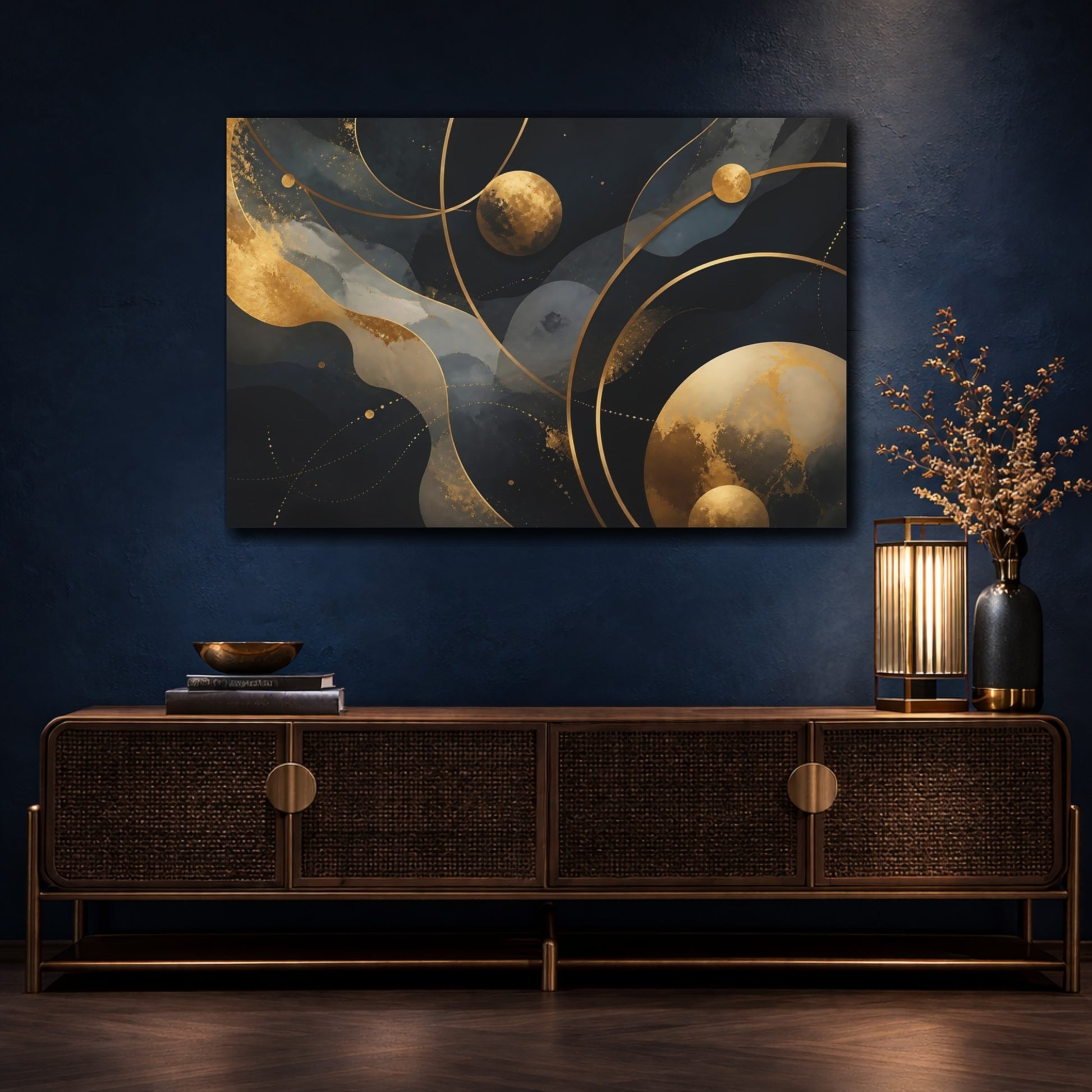 Mockup 4. Abstract Gold Planets shown as canvas print