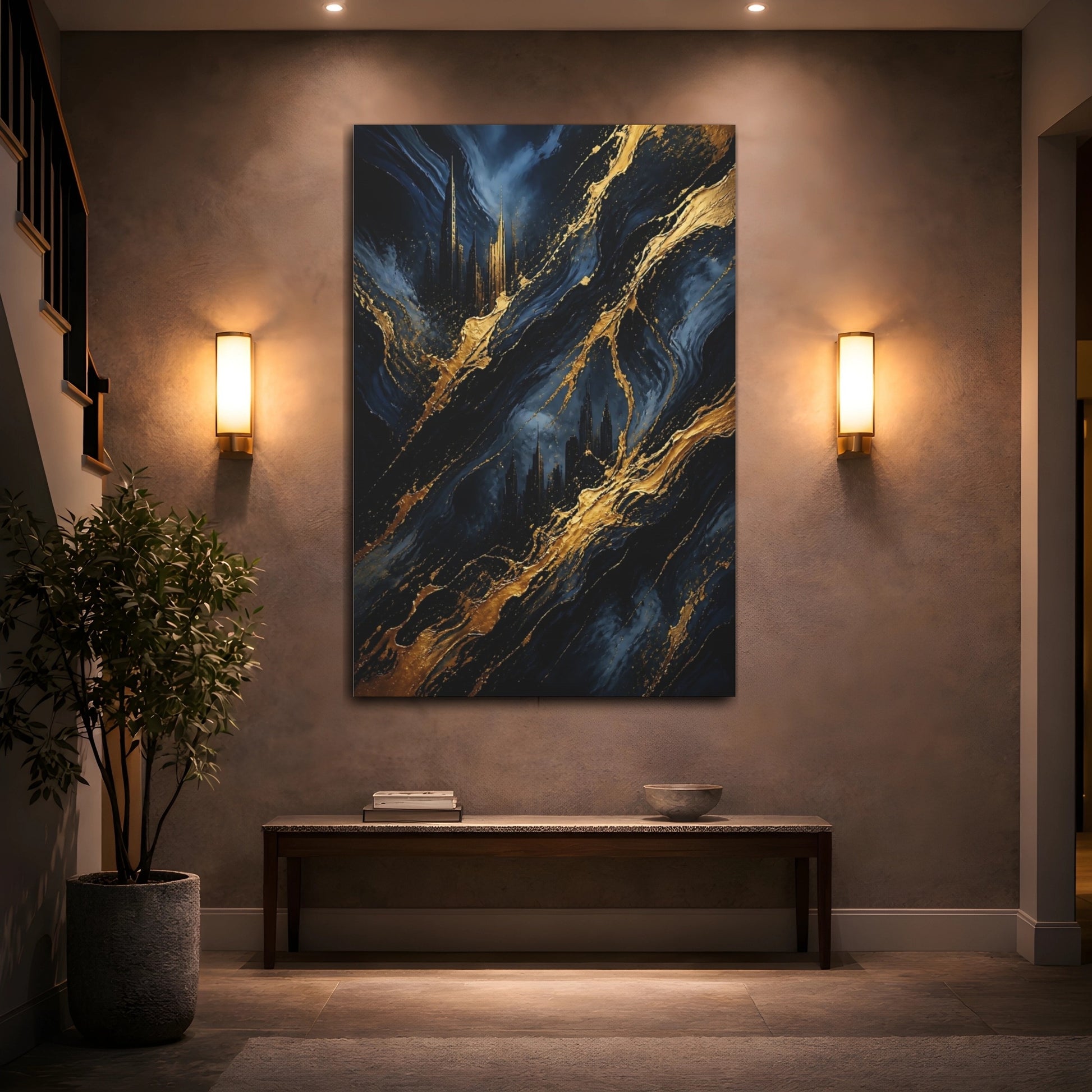 Mockup 2. Abstract Gold Skyline shown as canvas print
