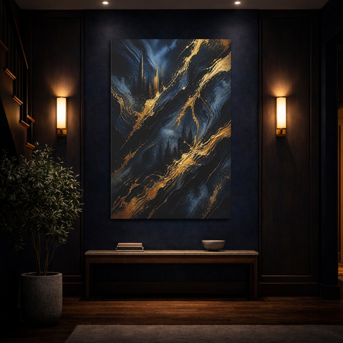 Mockup 4. Abstract Gold Skyline shown as canvas print