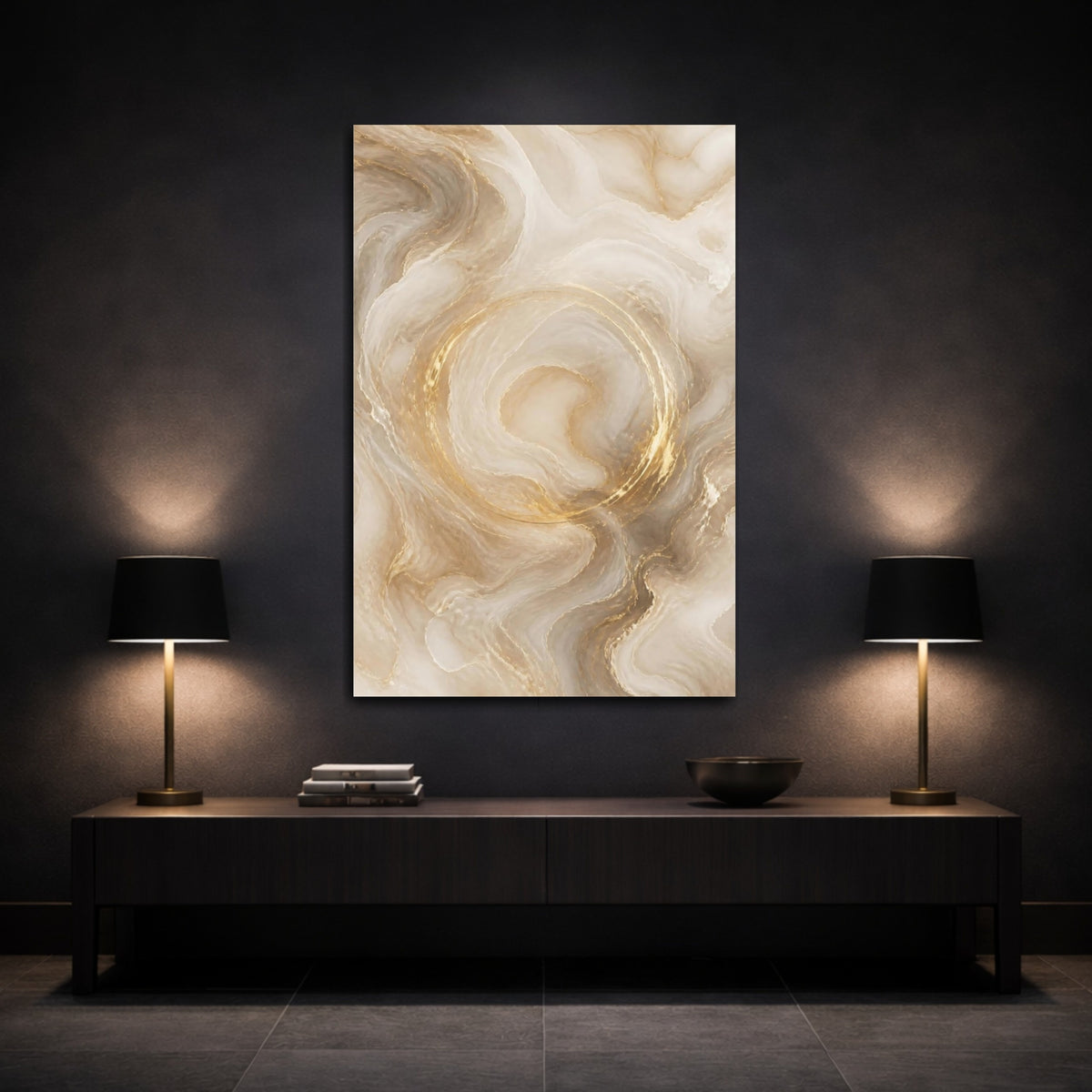 Mockup 3. Abstract Gold Swirl shown as canvas print