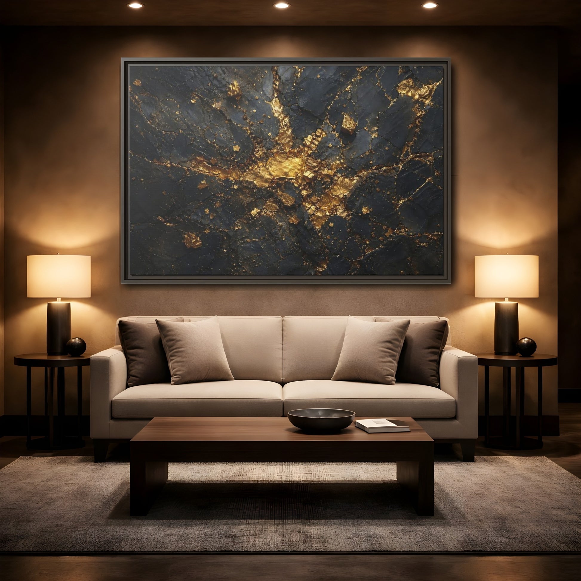 Mockup 2. Abstract Gold Texture Black And Gold Abstract shown as stretched canvas wall art