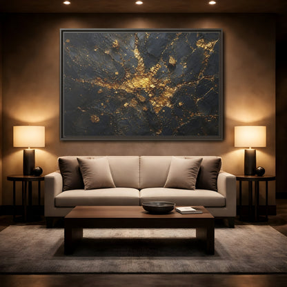 Mockup 2. Abstract Gold Texture Black And Gold Abstract shown as stretched canvas wall art