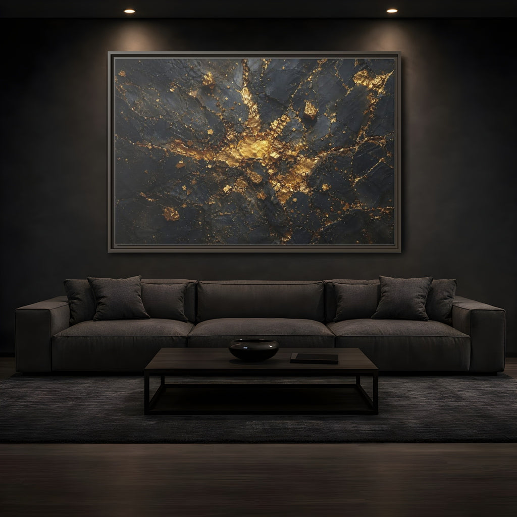 Mockup 3. Abstract Gold Texture Black And Gold Abstract shown as stretched canvas wall art