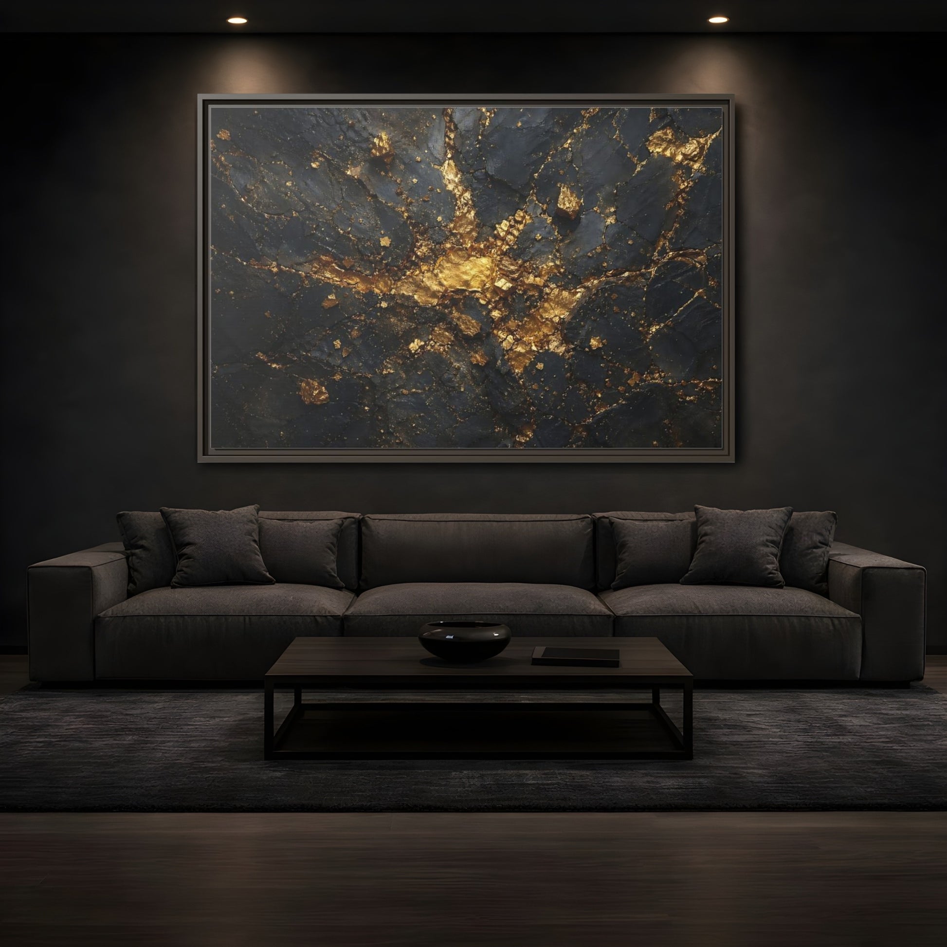 Mockup 3. Abstract Gold Texture Black And Gold Abstract shown as stretched canvas wall art