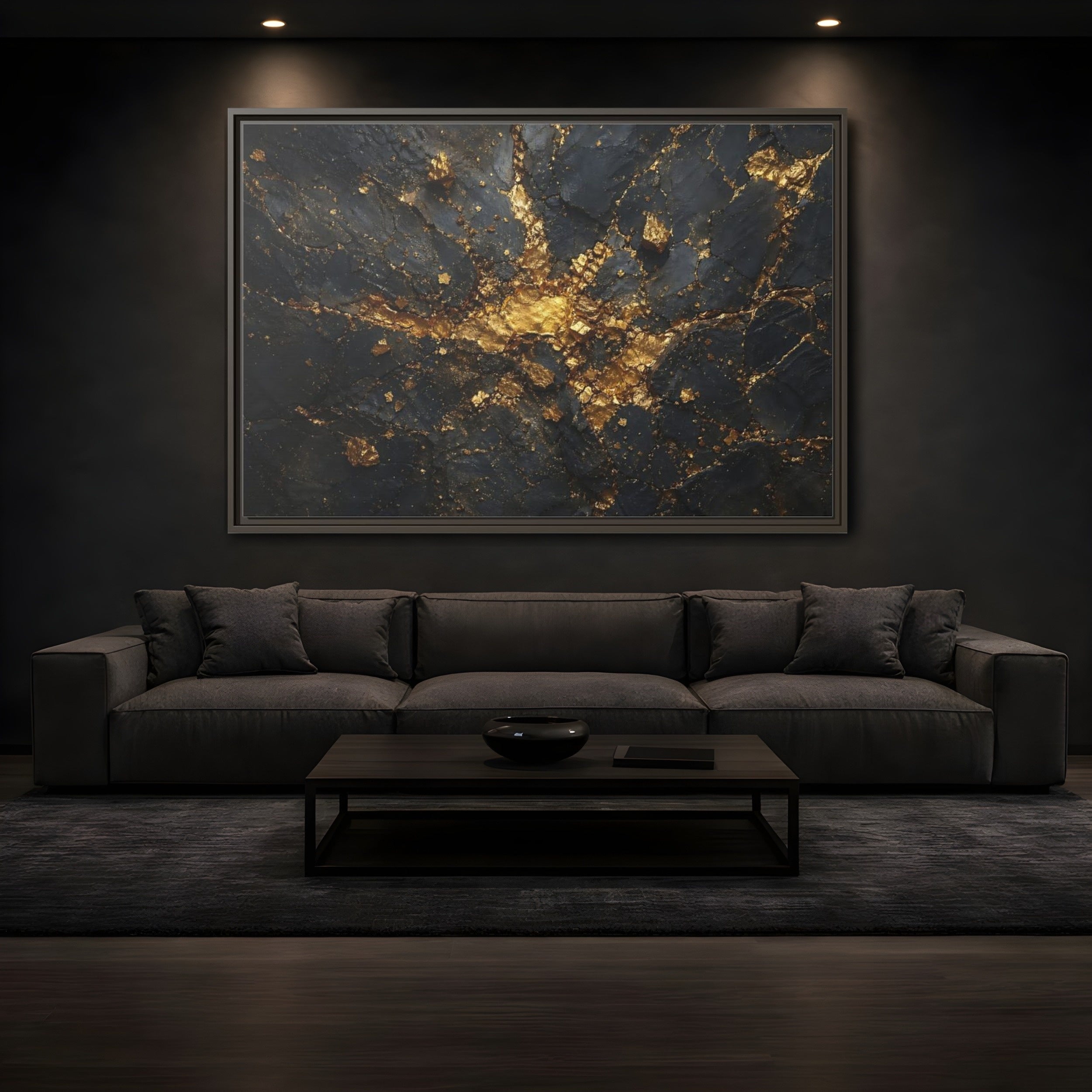 Mockup 3. Abstract Gold Texture Black And Gold Abstract shown as stretched canvas wall art