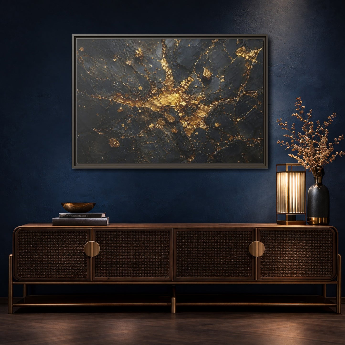 Mockup 4. Abstract Gold Texture Black And Gold Abstract shown as stretched canvas wall art