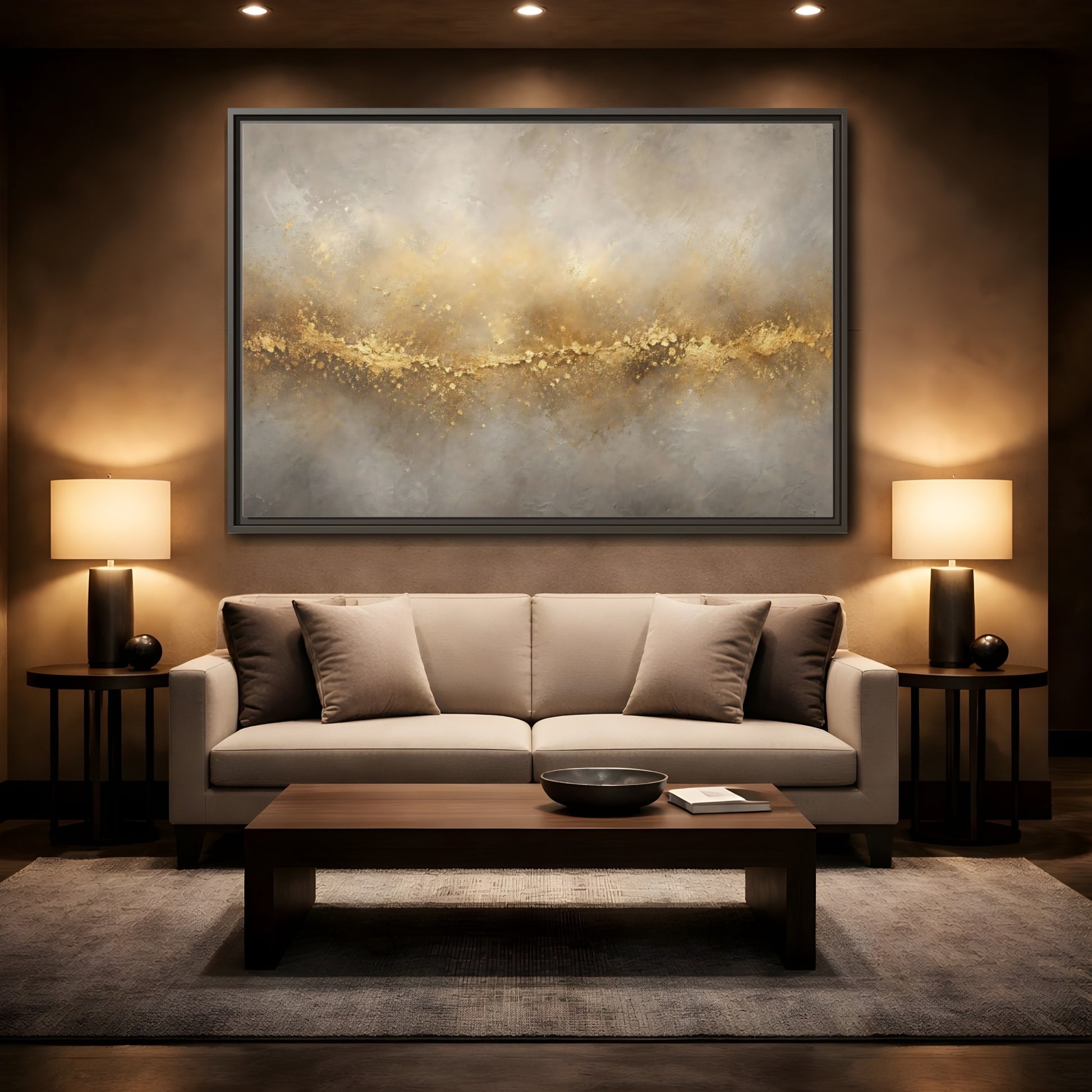Mockup 2. Abstract Gold Texture Gold And Gray shown as stretched canvas wall art