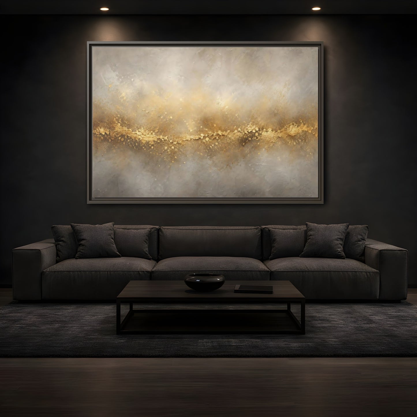 Mockup 3. Abstract Gold Texture Gold And Gray shown as stretched canvas wall art