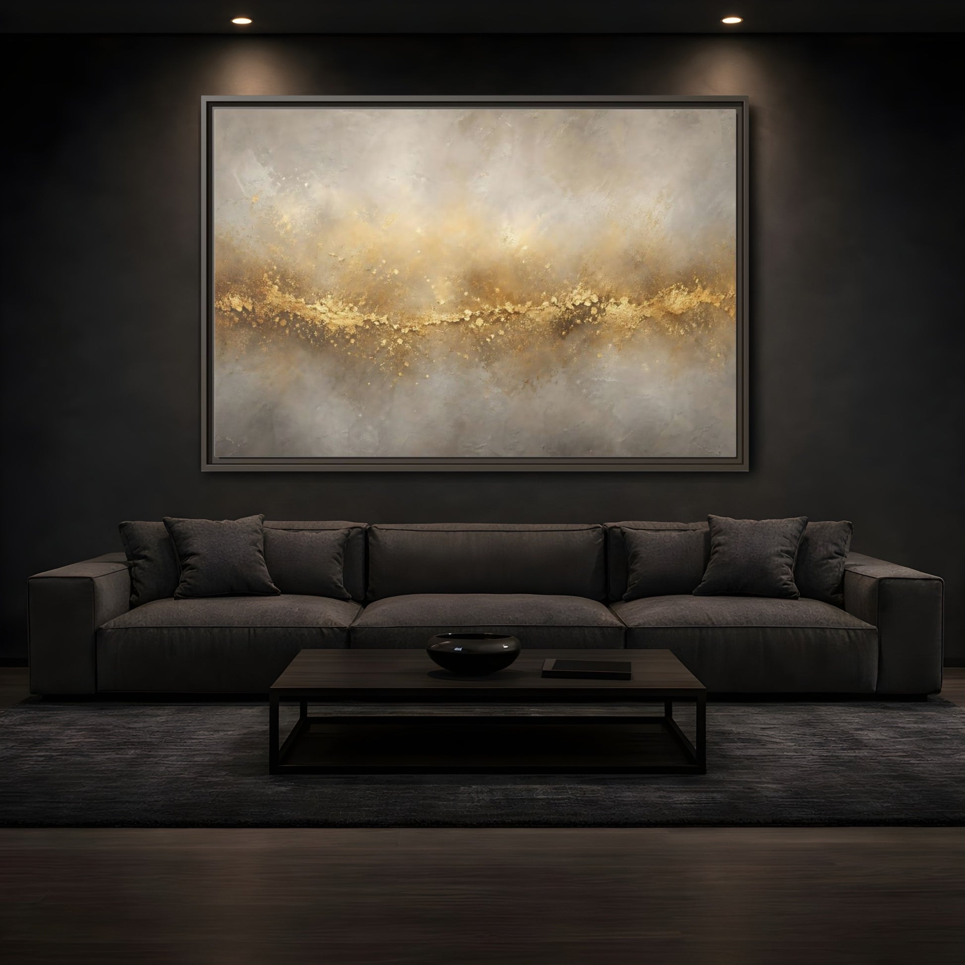 Mockup 3. Abstract Gold Texture Gold And Gray shown as stretched canvas wall art