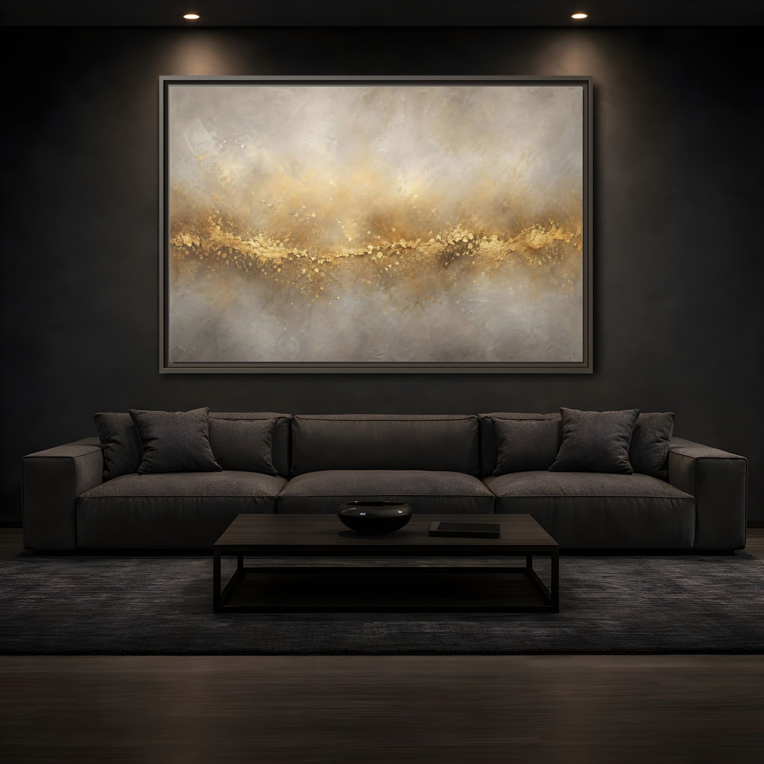 Mockup 3. Abstract Gold Texture Gold And Gray shown as stretched canvas wall art