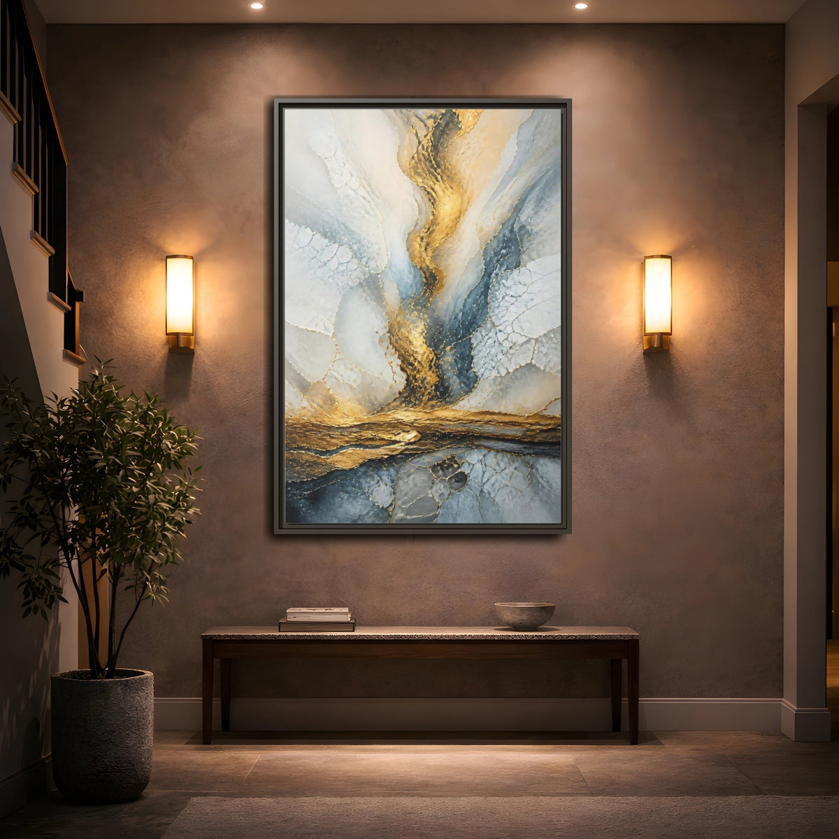 Mockup 2. Abstract Gold Vein shown as framed canvas print