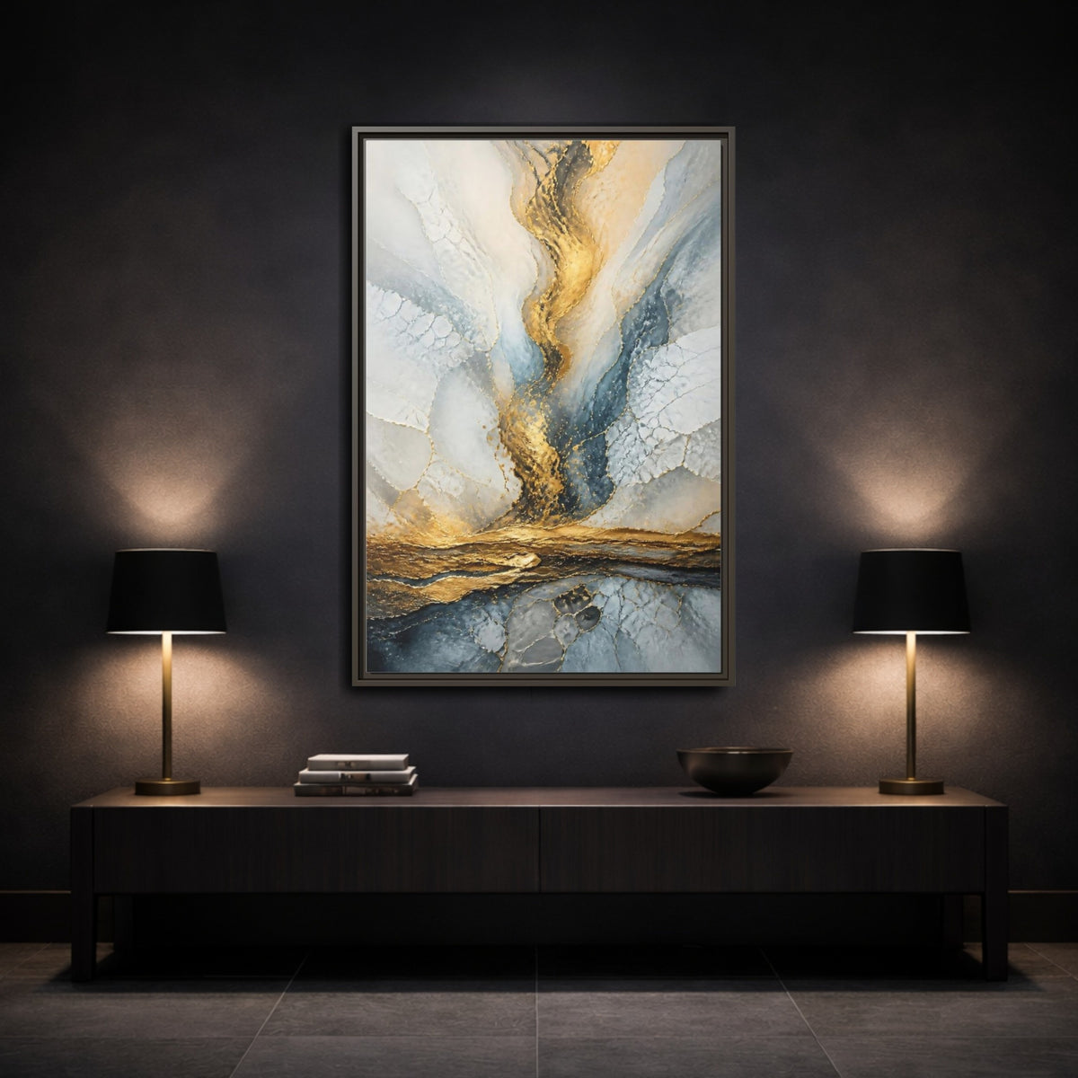 Mockup 3. Abstract Gold Vein shown as framed canvas print