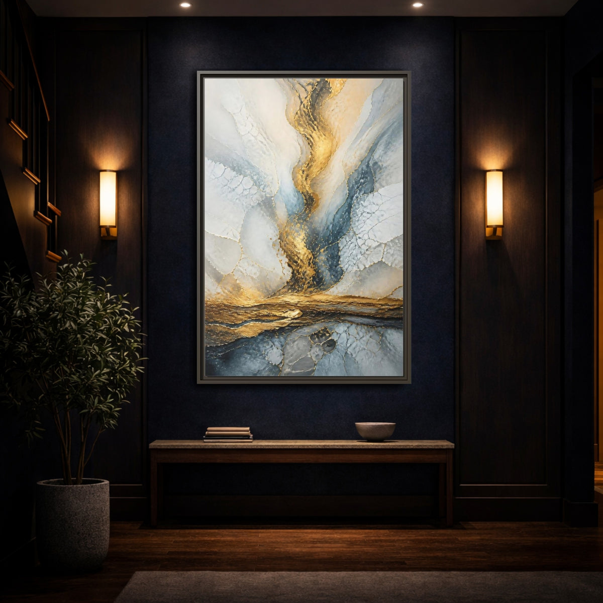 Mockup 4. Abstract Gold Vein shown as framed canvas print