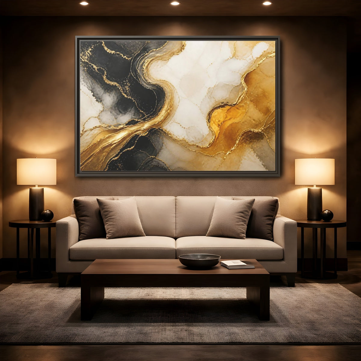Mockup 2. Abstract Gold Veins shown as framed canvas print