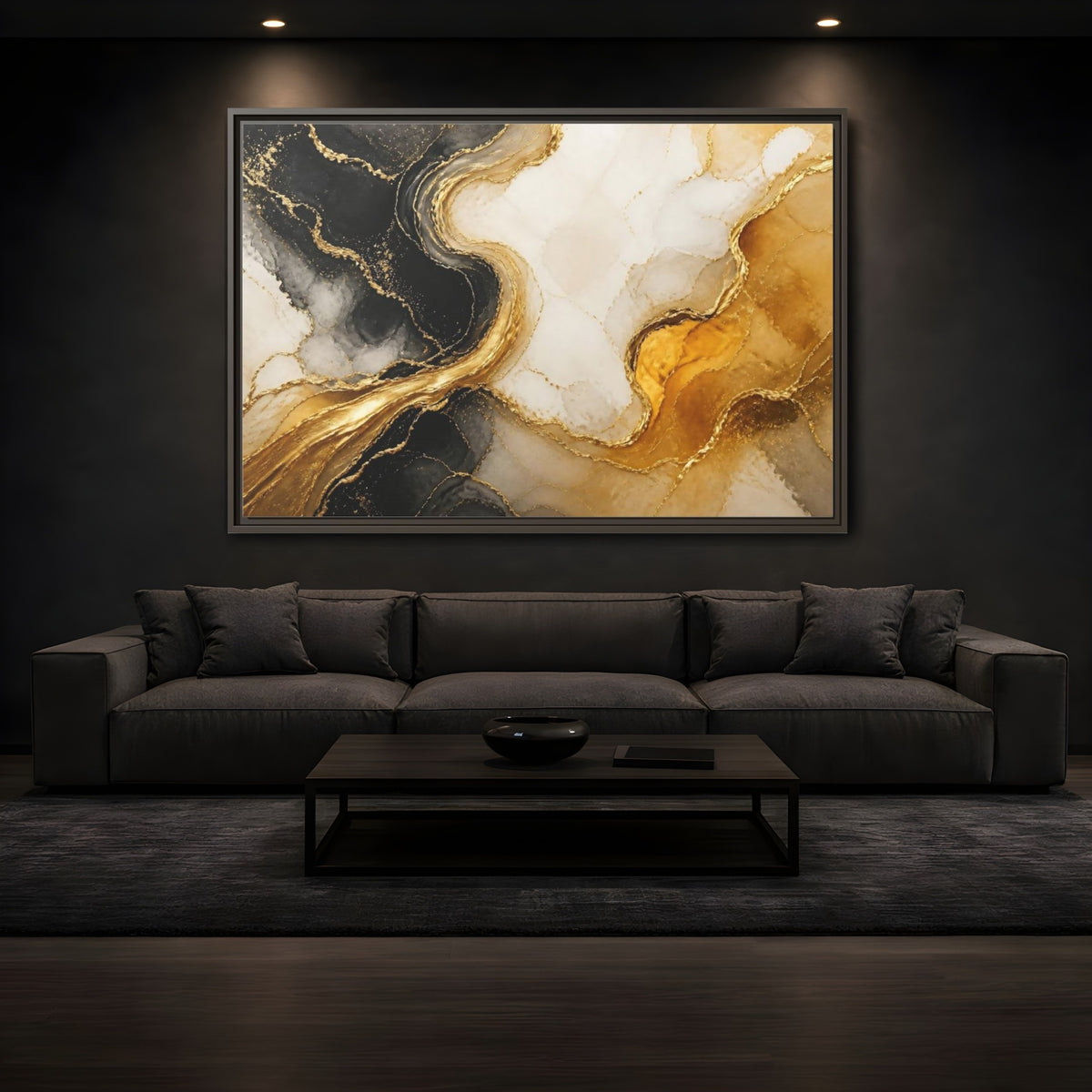 Mockup 3. Abstract Gold Veins shown as framed canvas print