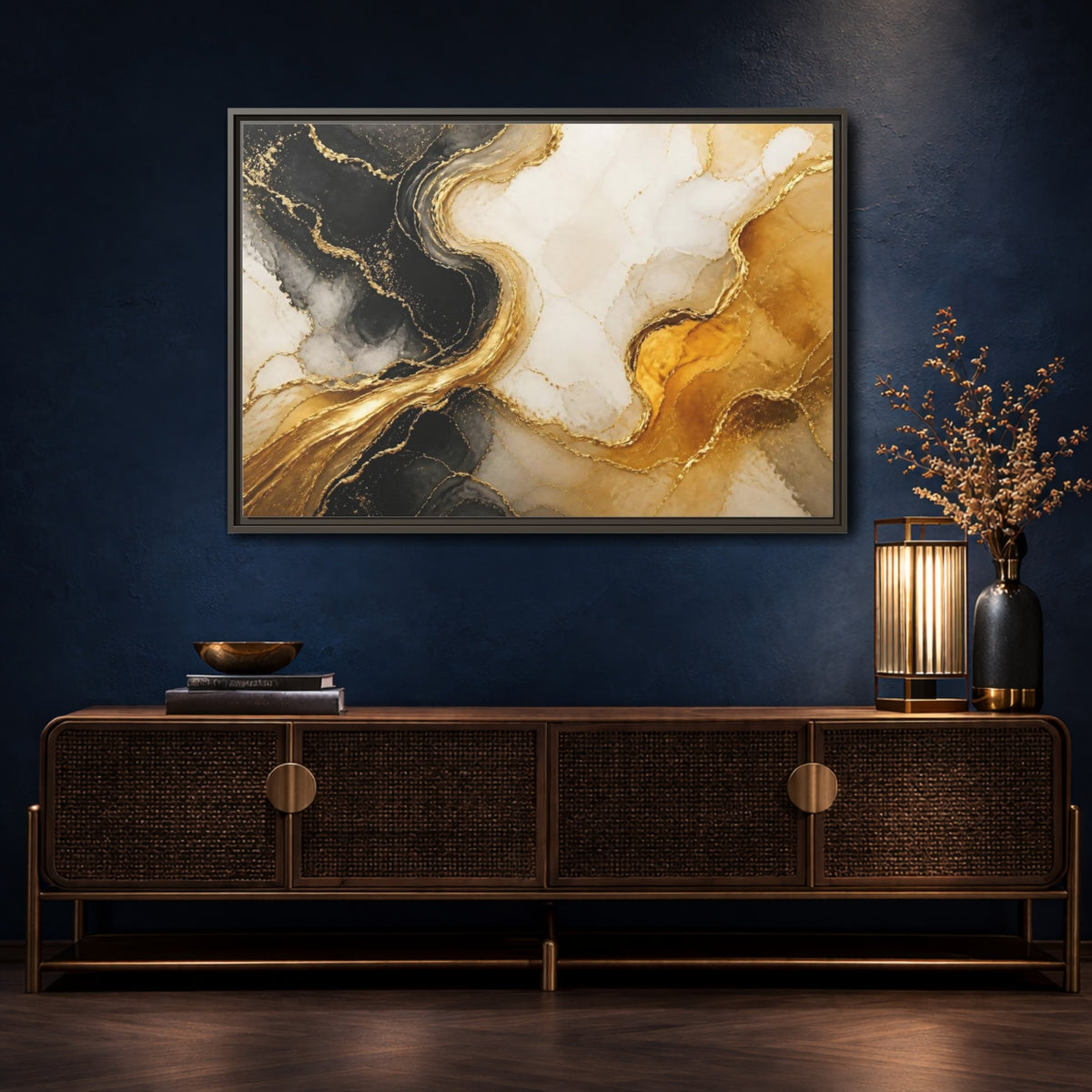 Mockup 4. Abstract Gold Veins shown as framed canvas print