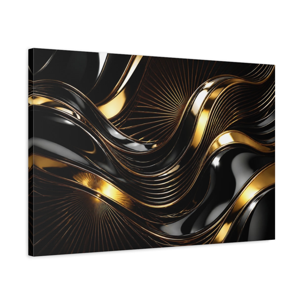 Side Mockup 2. Abstract Gold Waves shown as canvas print