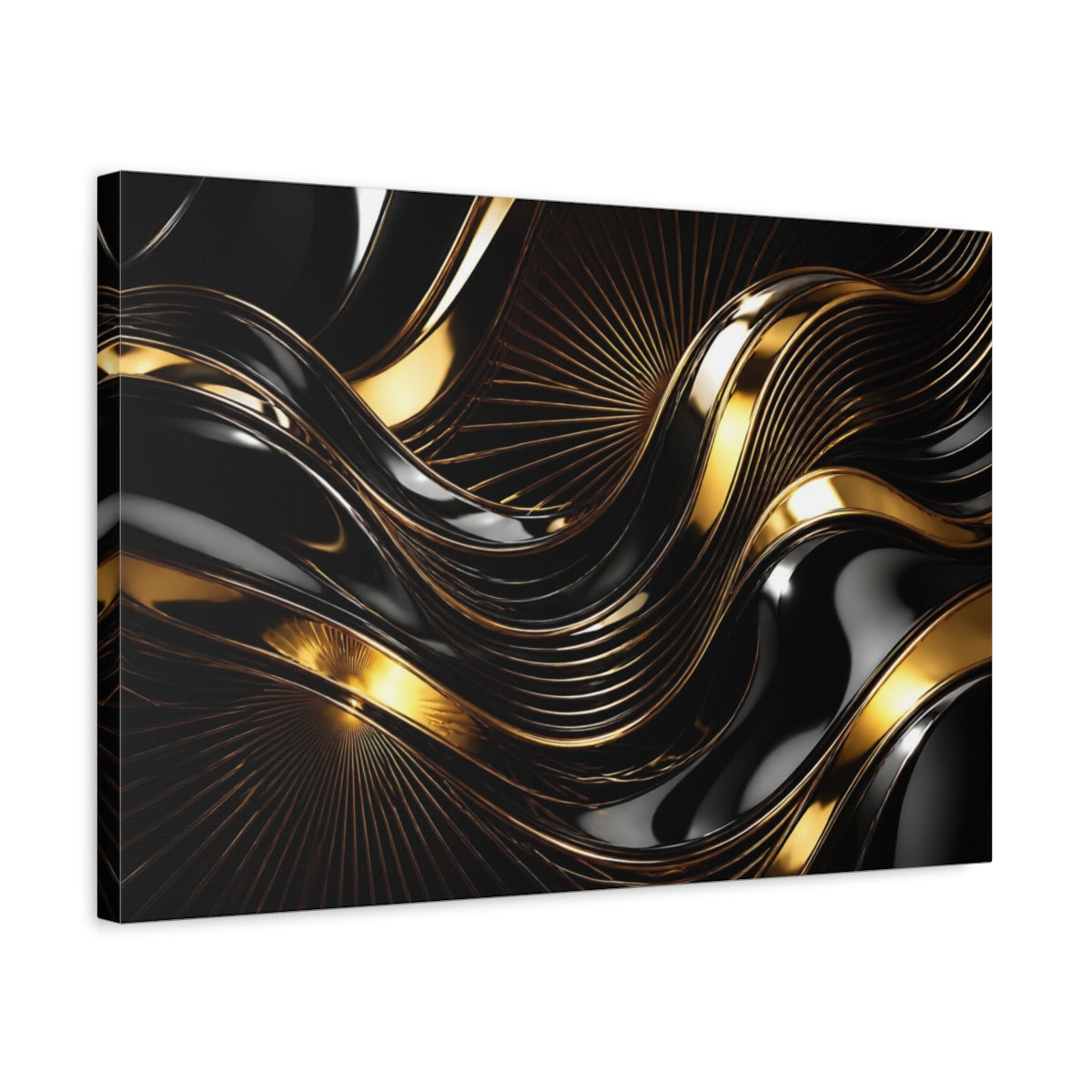 Side Mockup 3. Abstract Gold Waves shown as canvas print